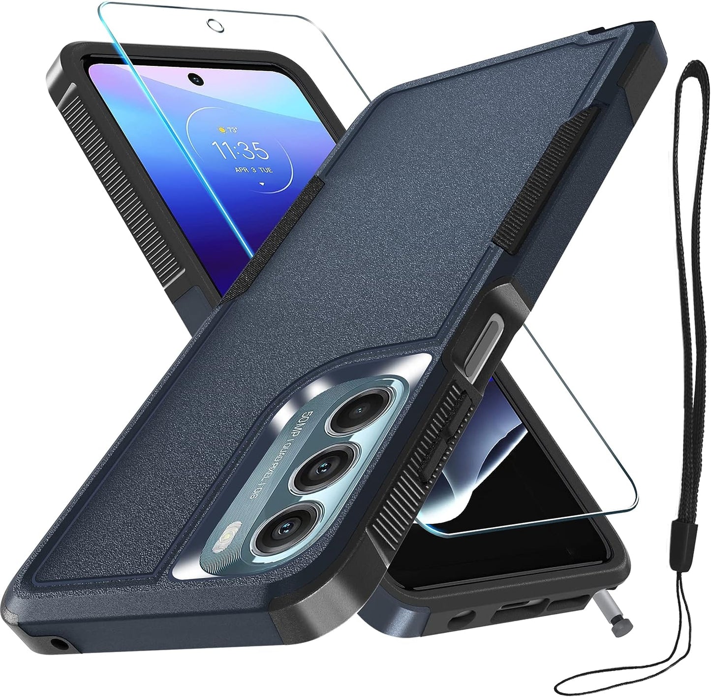 Motorola Moto G Stylus 5G 2022 Case with Tempered Glass Screen Protector,Heavy Duty Rugged Shockproof Full Body Protective Phone Cover,Cute Pink  RMOCR Navy Blue  