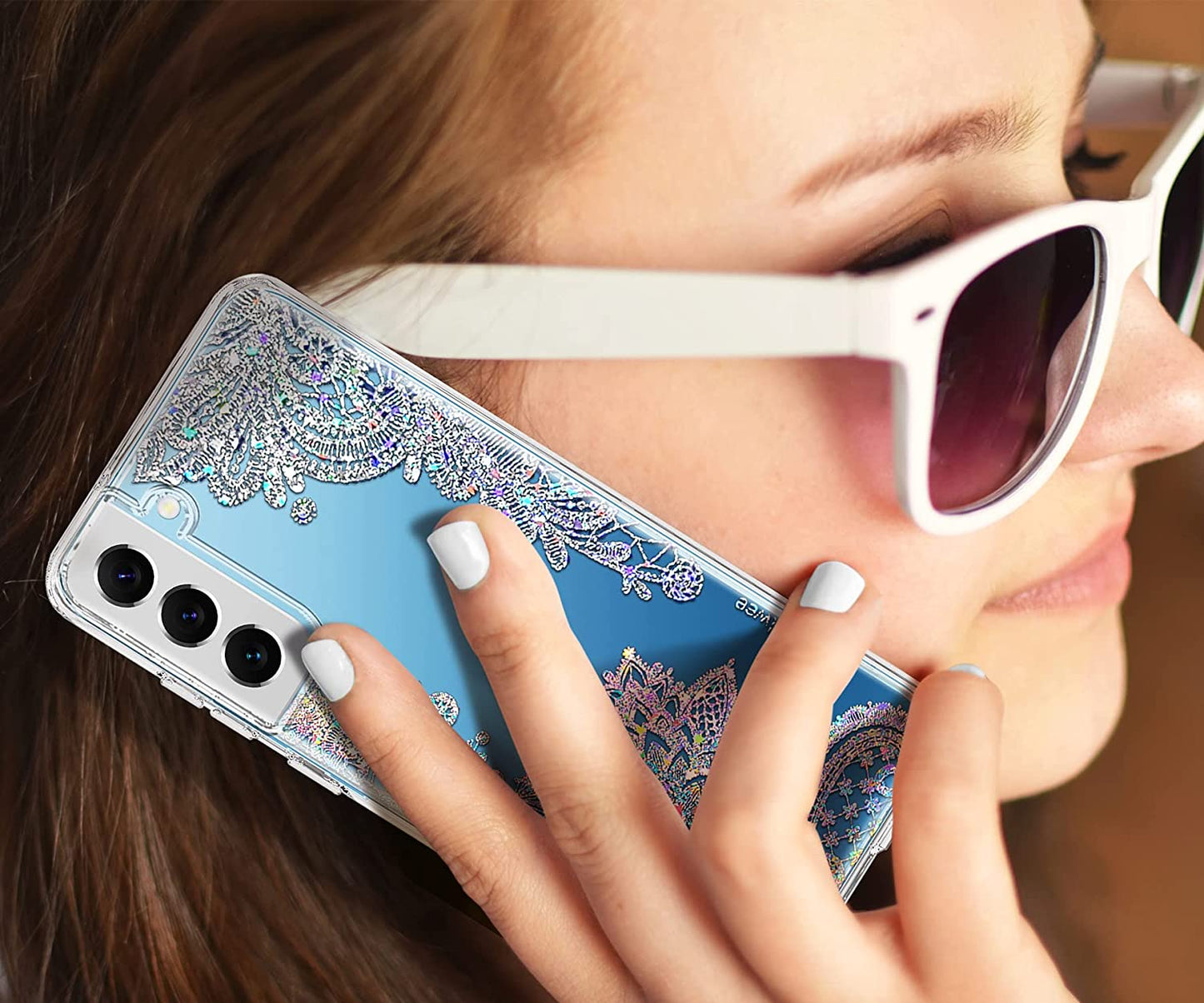 Coolwee Clear Glitter for Galaxy S22, 6.1 Inch, Thin Flower Slim Cute Crystal Lace Bling Shiny for Women Girls Floral Plastic Hard Back Soft TPU Bumper Protective Cover for Samsung S22 Mandala Henna  Coolwee   