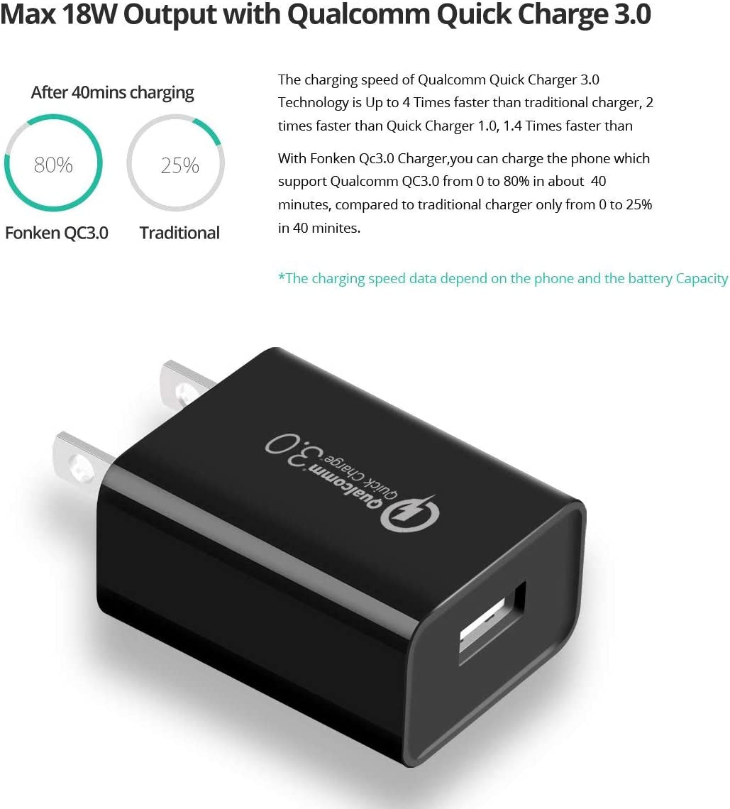 [3-Pack] Quick Charge 3.0, FONKEN 18W 3A USB Wall Charger QC 2.0/3.0 Adapter Fast Charger Block Compatible for Wireless Charger, Iphone Ipad, Samsung S10/S9/S8/Note 9/8, LG G5, HTC 10 (Black)  FONKEN   