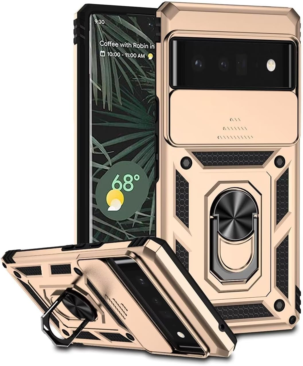 Yodueiv for Pixel 6 Pro Case, Google 6 Pro G8VOU with Slide Camera Cover, Magnetic Ring Car Mount Holder Kickstand Protective Cases Cover for Google Pixel 6 Pro 5G Green  Yodueiv Gold  