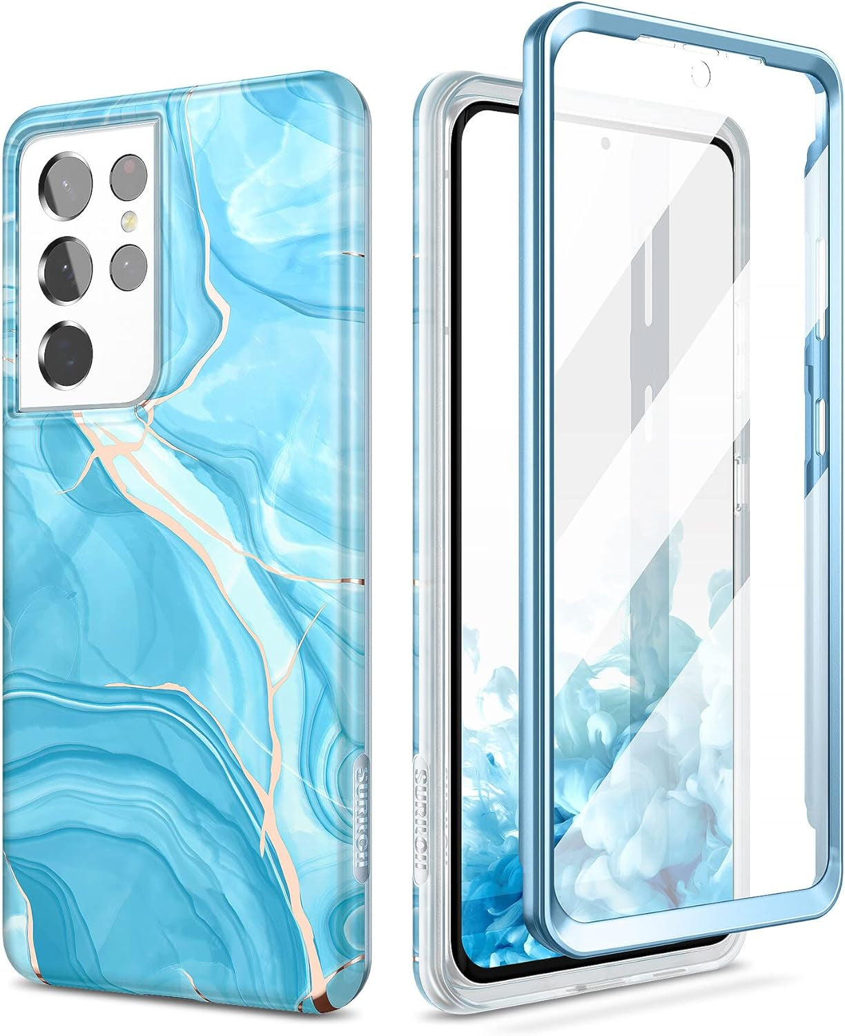 SURITCH Phone Case for Samsung Galaxy S21 Ultra 6.8 Inches Slim Fit, Front Cover with Built-In Screen Protector Smooth Back Cover Full Body Protection Shockproof Bumper, Grey Calla  SURITCH Aqua Blue  