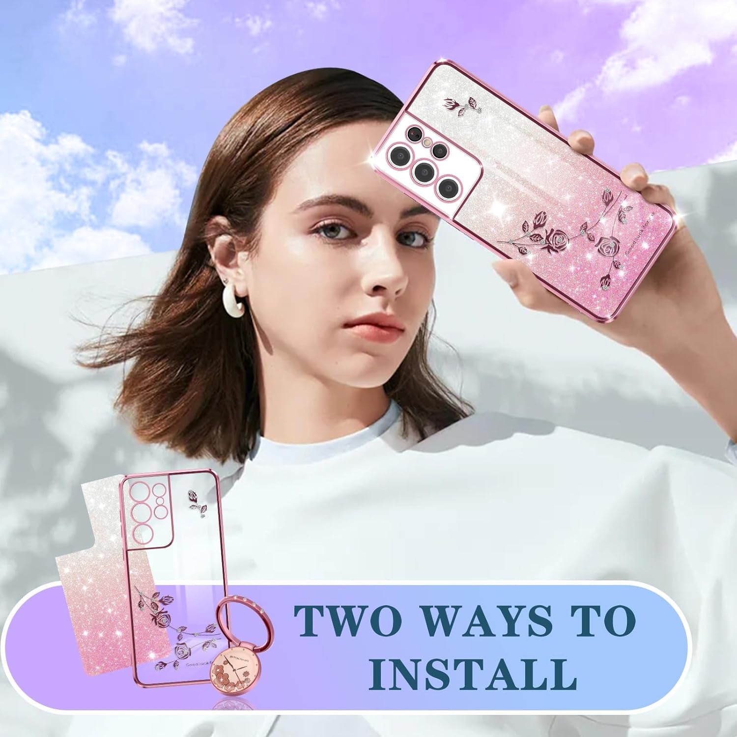 Coralogo (3In1 for Samsung Galaxy S21 Ultra Case Glitter Sparkly for Women Girls Sparkle Girly Bling Shiny Cover Cute Flowers Flora Unique Design with Ring Pretty Cases for Galaxy S21 Ultra 5G 6.8''  Coralogo   