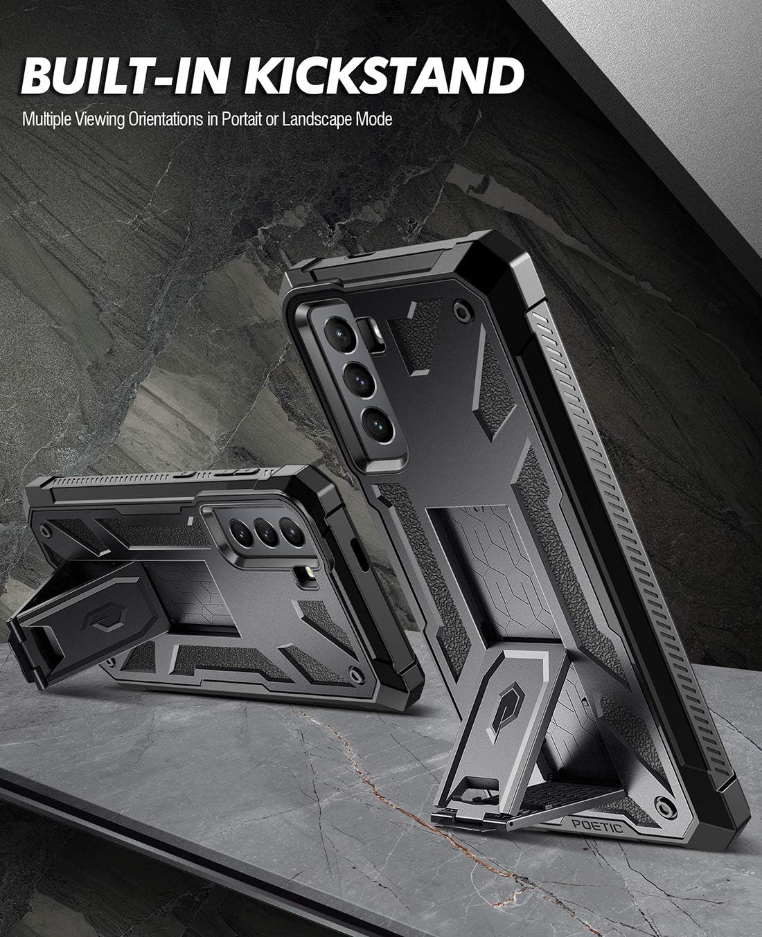 Poetic Spartan Case for Samsung Galaxy S21 5G 6.2 Inch, Built-In Screen Protector Work with Fingerprint ID, Full Body Rugged Shockproof Protective Cover Case with Kickstand, Metallic Gun Metal  Poetic   