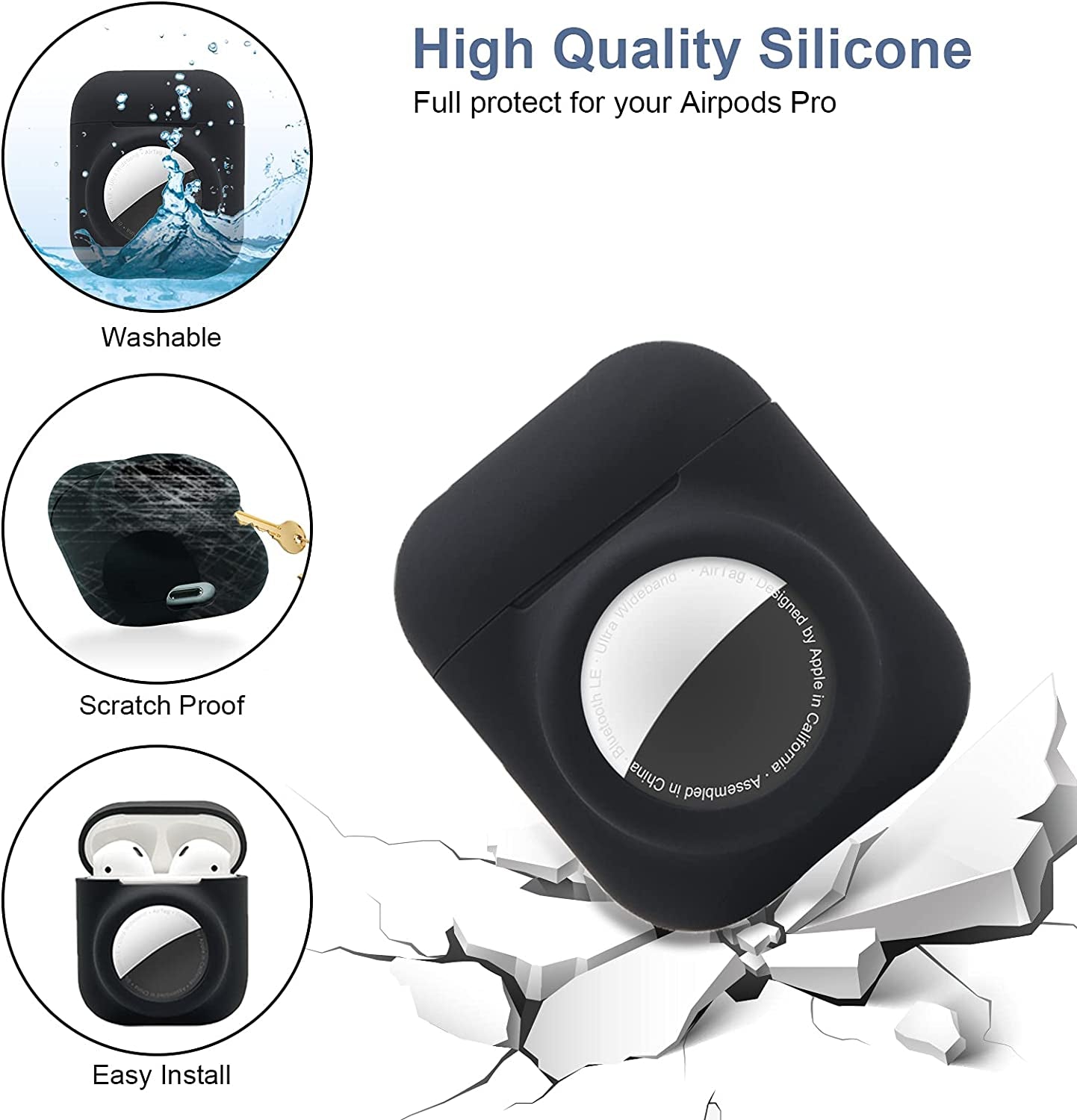 2 in 1 Silicone Protective Skin Cover Compatible with Airpod 1&2 and Airtag, Soft Comprehensive Protective Case with 2 PCS TPU Screen Protector, Anti-Scratch Anti-Fall Anti-Lost(Black)  Enspito   