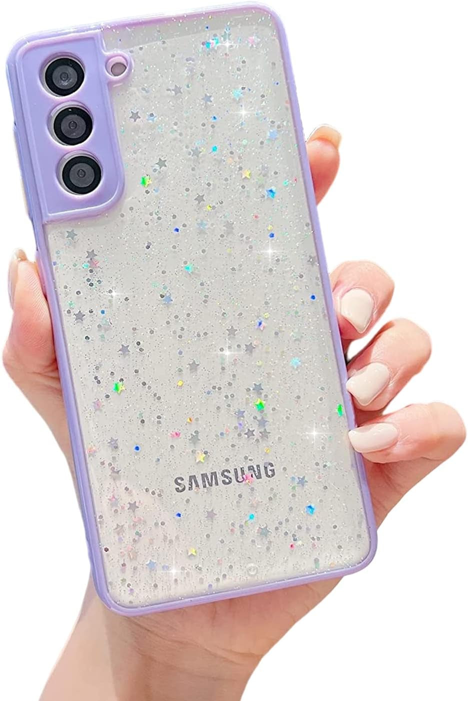 HJWKJUS Compatible with Samsung Galaxy S22 Case for Women Girls,Soft Slim Fit Full-Around Protective Cute Clear Sparkly Bling Star Phone Case Glitter Cover for Samsung Galaxy S22-White  JWKJ Purple  