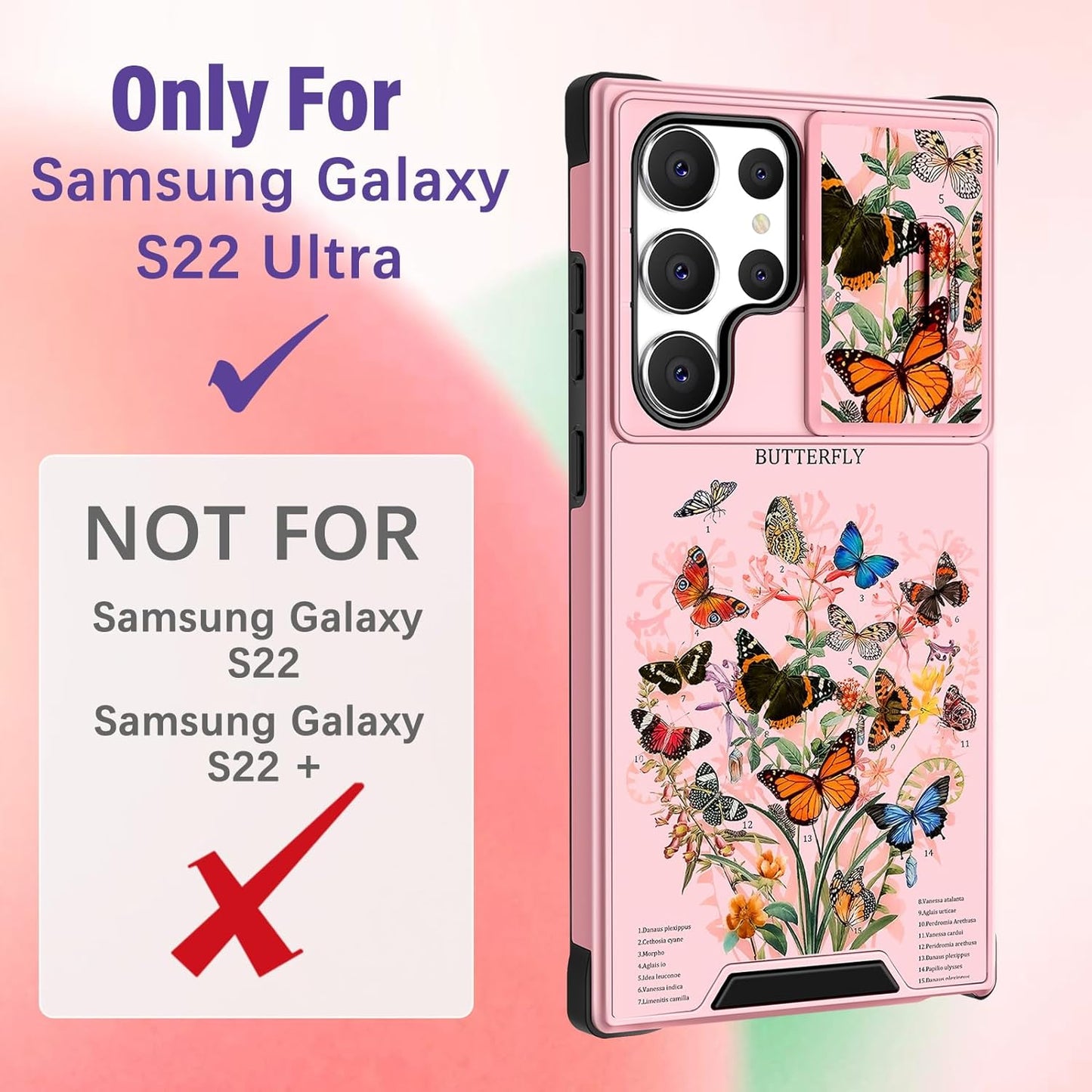 Funermei (2In1 for Samsung Galaxy S22 Ultra Case for Women Cute Butterfly Girls Phone Cover Girly Pretty Aesthetic Butterfly Design with Camera Cover and Ring Stand Funda for S22 Ultra Case 5G  Funermei   