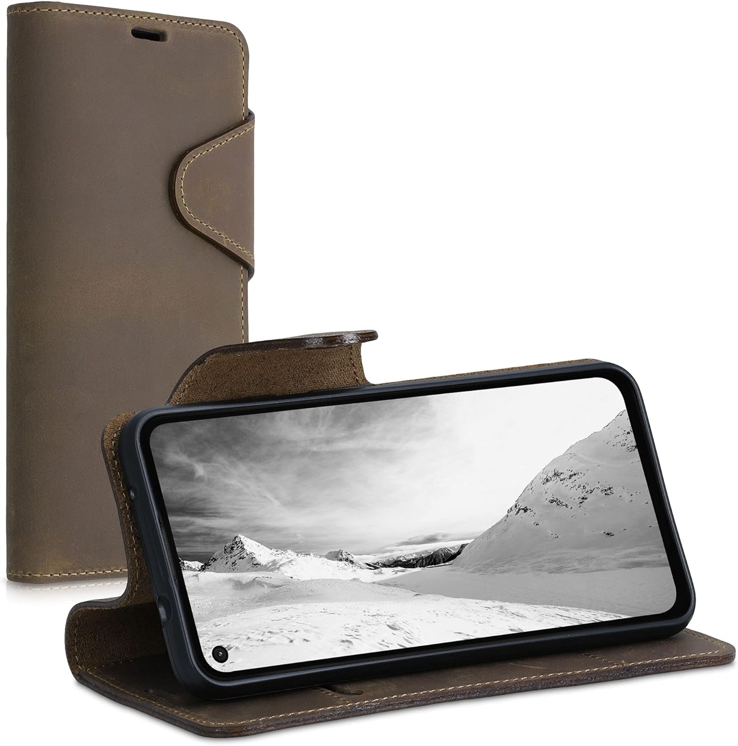 Kalibri Case Compatible with Google Pixel 4A 5G - Case Real Leather Protective Wallet Cover with Card Slot - Brown  kalibri   