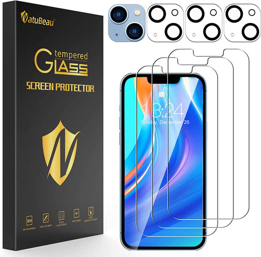 Natubeau 3 Pack Screen Protector for Iphone 14 plus 6.7" with 3 Pack Camera Lens Protector, HD Clear Tempered Glass Iphone 14 plus Screen Protector, 9H Hardness, Scratch Resistant, Easy Install, Bubble Free, Case Friendly  NatuBeau   