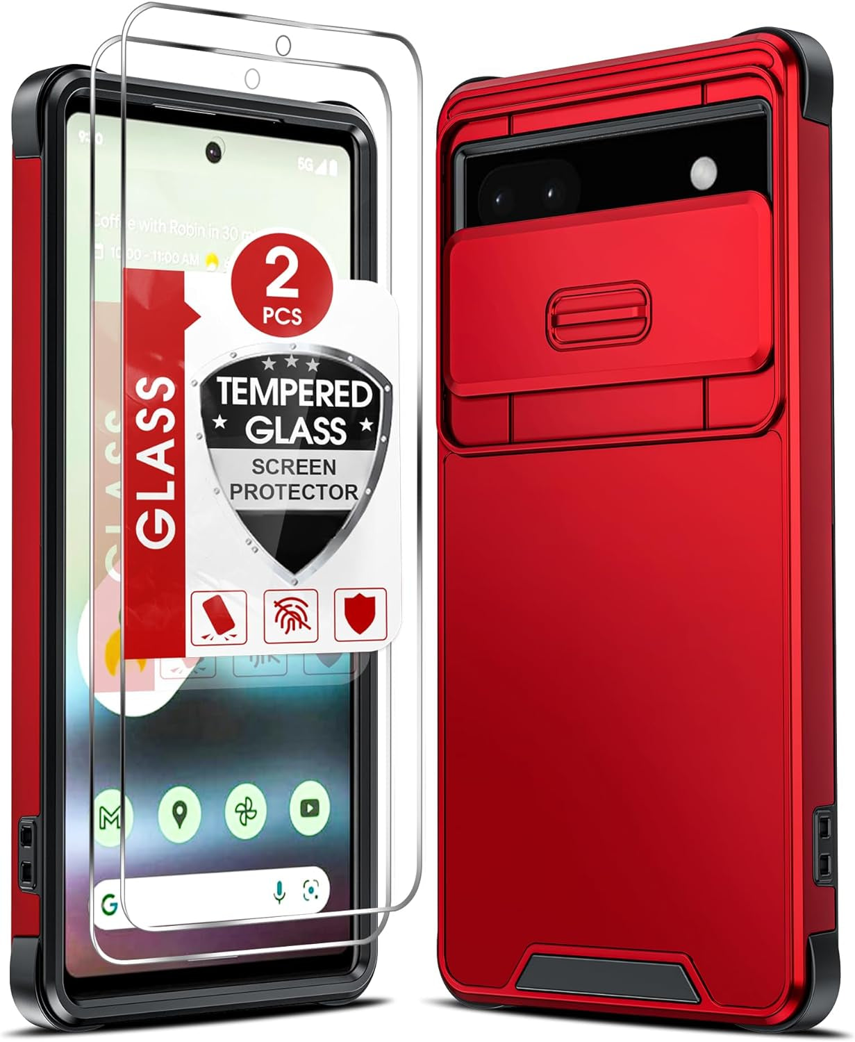 Leyi for Pixel 6A Phone Case (2022): Google Pixel 6A Case with Slide Camera Cover and 2 Pack Tempered Glass Screen Protector, Dual Layer Heavy Duty Military Grade Protective Case for Pixel 6A, Purple  LeYi Red  