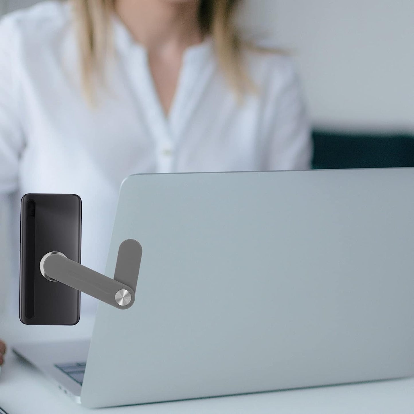SOLUSTRE Magnetic Laptop Phone Holder Adjustable Phone Monitor Side Mount Foldable Computer Expansion Bracket Compatible with Any Phone Light Grey  SOLUSTRE   