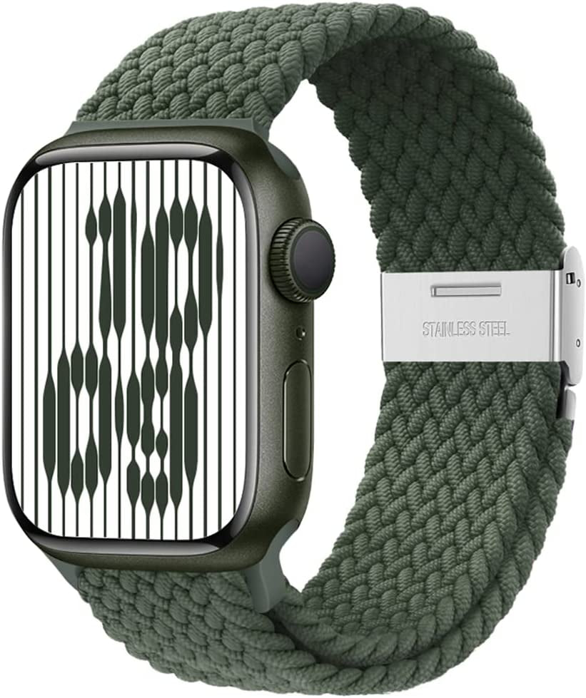 Qimela Compatible with Apple Watch Band 49Mm 45Mm 44Mm 42Mm,Stretchy Sport Solo Loop Strap with Adjustable Buckle,Elastic Nylon Braided Wristband for Iwatch Series 8 7 6 SE 5 4 3 2 1 Ultra,Women Men  FS-TECH Army Green 38mm/40mm/41mm 