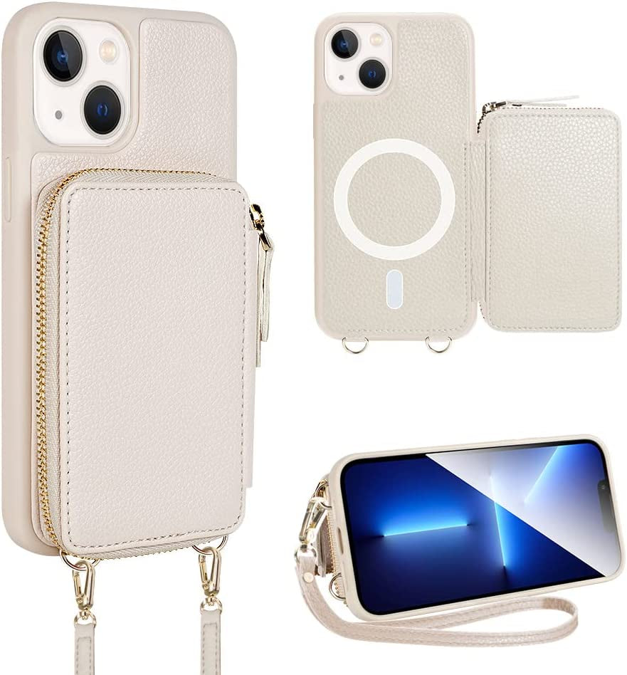 ZVE Iphone 14 Pro Crossbody Wallet Case Magsafe, Phone Case with RFID Blocking Card Holder Wrist Strap for Women, Zipper Leather Cover for Iphone 14 Pro, 6.1"-Black  ZVE Beige iPhone 14 