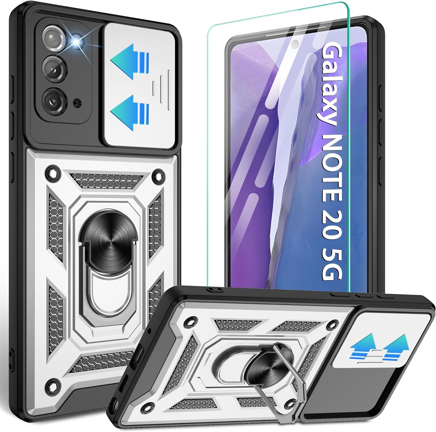 Compatible with Samsung Galaxy Note 20 5G Case,Samsung Note 20 Case with HD Screen Protector with Slide Camera Cover, 360°Rotation Ring Kickstand [Military Grade] Case for Galaxy Note 20,Silver  Gritup   