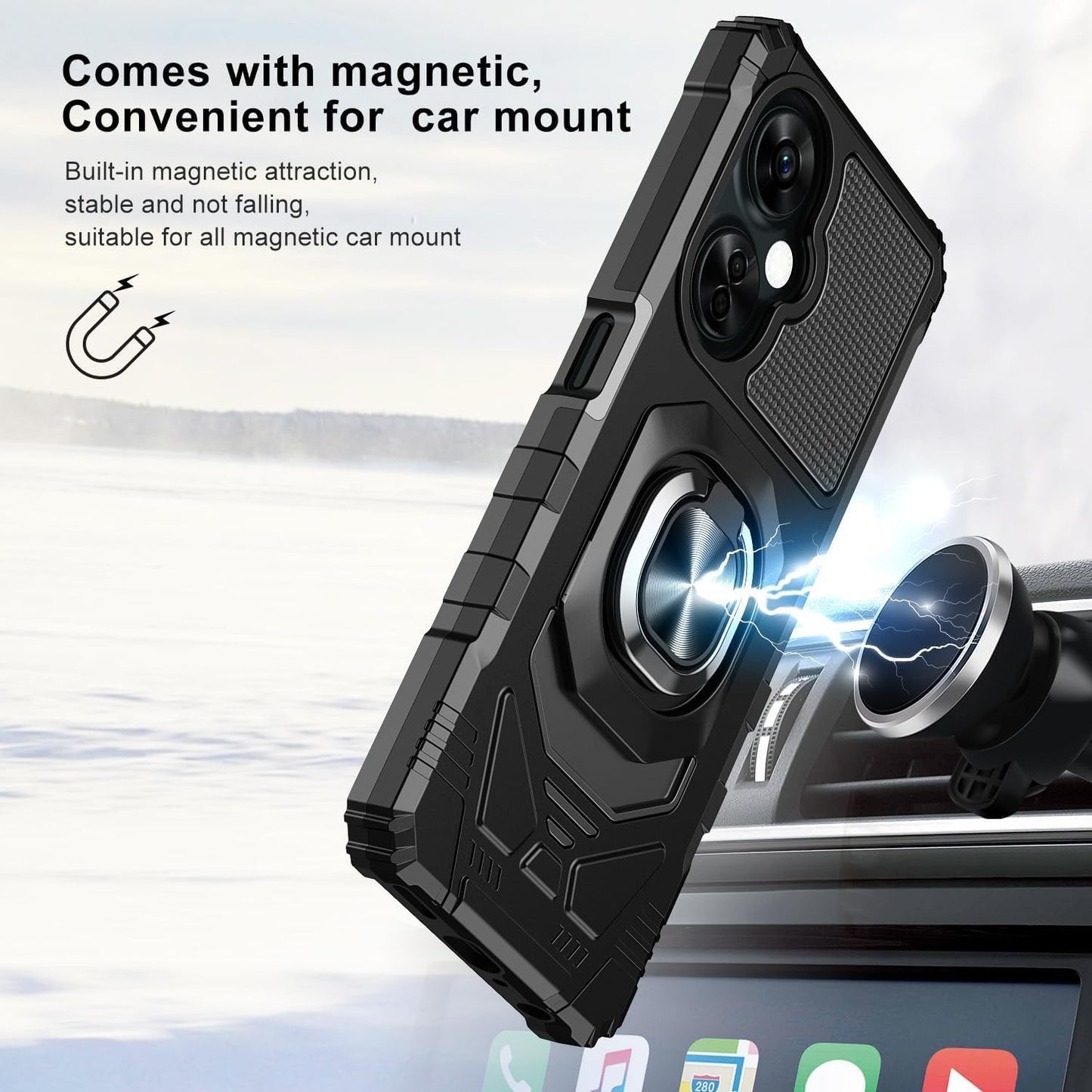 TJS Compatible for Oneplus Nord N30 5G Case, with Tempered Glass Screen Protector, Metal Ring Magnetic Support Kickstand Heavy Duty Drop Protection Cover Phone Case (Black)  TJS   