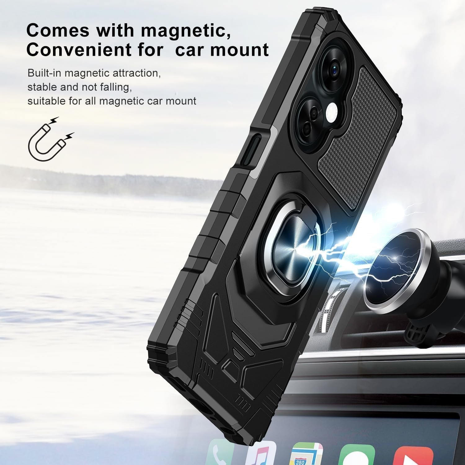 TJS Compatible for Oneplus Nord N30 5G Case, with Tempered Glass Screen Protector, Metal Ring Magnetic Support Kickstand Heavy Duty Drop Protection Cover Phone Case (Black)  TJS   