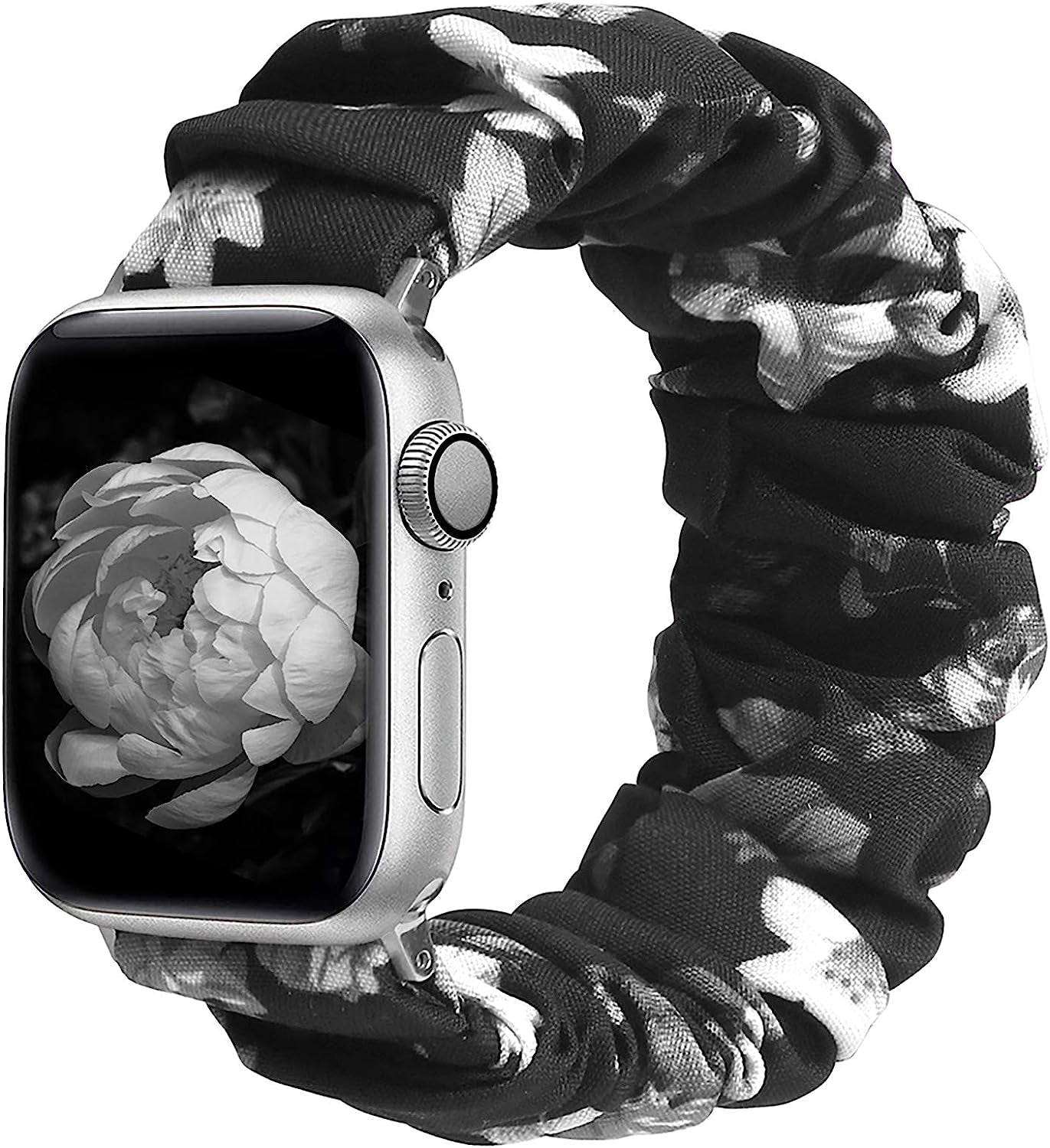 BMBMPT Scrunchie Elastic Watch Band Compatible with Apple Watch Band 38Mm 40Mm 41Mm 42Mm 44Mm 45Mm Cloth Soft Pattern Printed Fabric Wristband for Iwatch Series 8 7 6 5 4 3 2 1 SE  BMBMPT Black Rose 42mm/44mm/45mm Large size 