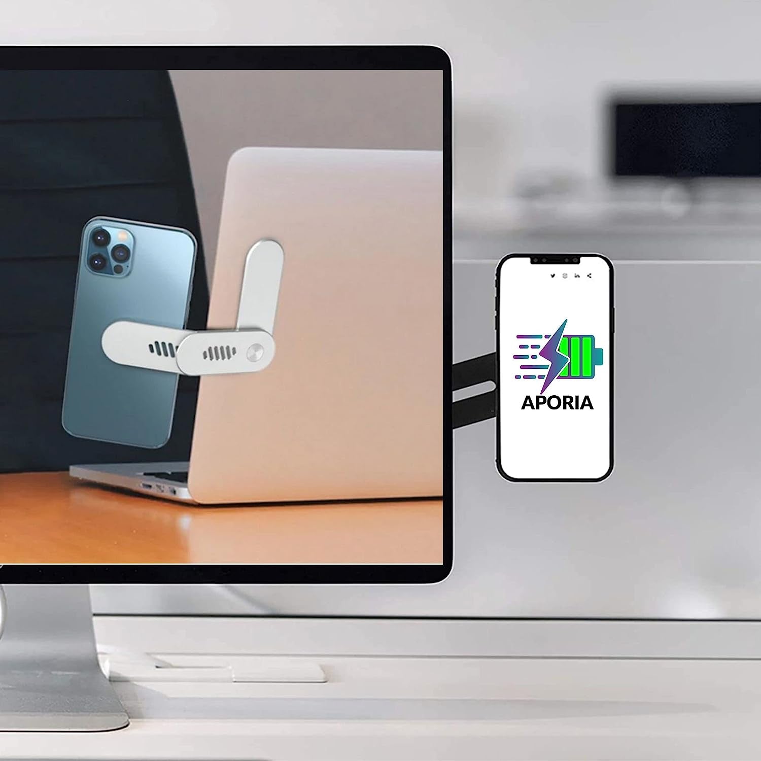 Aporia International Magnetic Cellphone Mount for Laptop, Foldable Lap Screen Side Phone Holder Extender Attach to Computer Monitor for Universal Smartphone - Rotating 180 Degree (Silver)  Aporia International   