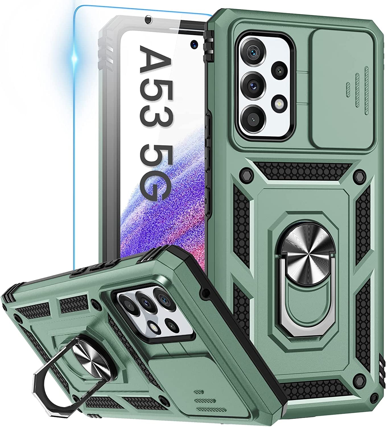 Goton for Samsung A53 5G Case, Galaxy A53 5G Case with Camera Cover & 360°Kickstand Ring with Tempered Glass Screen Protector, Military Grade Shockproof Protective Cover for A53 5G Case Black  Goton Green  