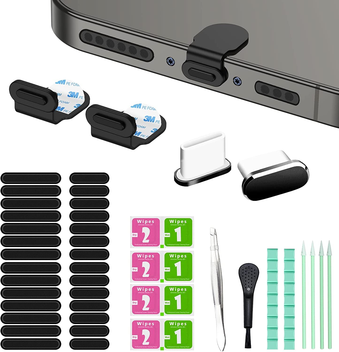For Type C USB Dust Plug, Phone Speaker Cover,With Phone Cleaning Kit Tool Cleaning Putty/Tweezers/Brushes/Wet and Dry Cleaning Wipe/Storage Box/Foam Swabs  Pohgelan   