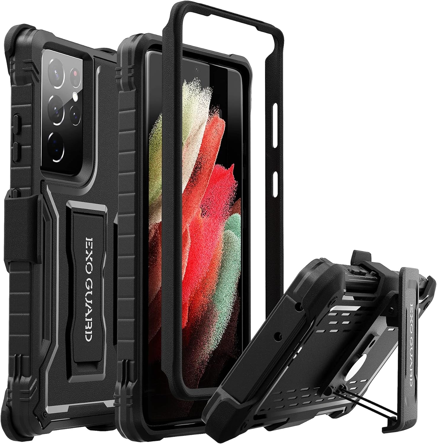 Exoguard Samsung Galaxy S21 Ultra 5G Case, Rubber Shockproof Full Body Cover Case for Samsung S21 Ultra 5G Phone 6.8 Inch, Built-In Kickstand (Green)  ExoGuard Belt Clip  