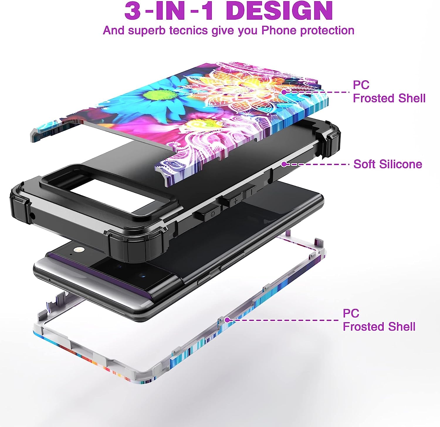 Idweel Google Pixel 6 Case (2021), 3-In-1 Shockproof Hybrid Heavy Duty Protection, Hard PC & Soft Silicone, Full Body Bumper, 6.4 Inch 5G - Flower  IDweel   