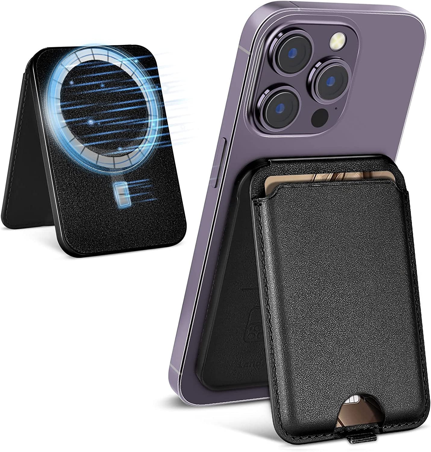 Imluckies Leather Magnetic Wallet Stand, for Apple Magsafe Wallet with Adjustable Stand, 3 Card Holders with Strong Magnets for Iphone 14/13 / 12 Series [Not for 13/12 Mini], Purple  imluckies Black  