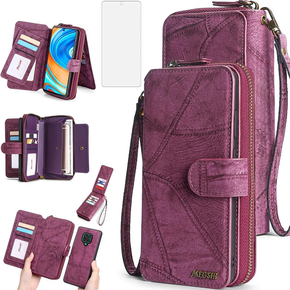 Asuwish Phone Case for Xiaomi Redmi Note 9 Pro/Note 9S/Note9 Pro Max/Poco M2 Pro Zipper Wallet Detachable with Screen Protector and Mirror Card Holder Slot Redme Note9S Note9Pro 4G Women Men Wine Red  Asuwish   