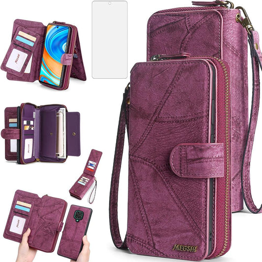 Asuwish Phone Case for Xiaomi Redmi Note 9 Pro/Note 9S/Note9 Pro Max/Poco M2 Pro Zipper Wallet Detachable with Screen Protector and Mirror Card Holder Slot Redme Note9S Note9Pro 4G Women Men Wine Red  Asuwish   