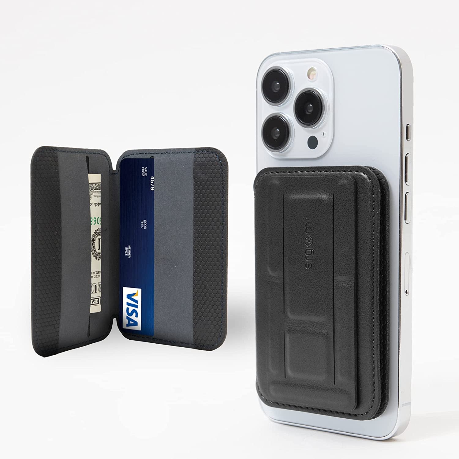 Ergomi Magsafe Hercules Flip Wallet Stand for Iphone 14/13/12 Series, Ultra Slim 2 In-1 Magnetic Phone Stand 2+ Card Holder & Finger Grip, Detachable & Adjustable W/Portrait/Landscape Viewing(Blue)  ergomi Black  