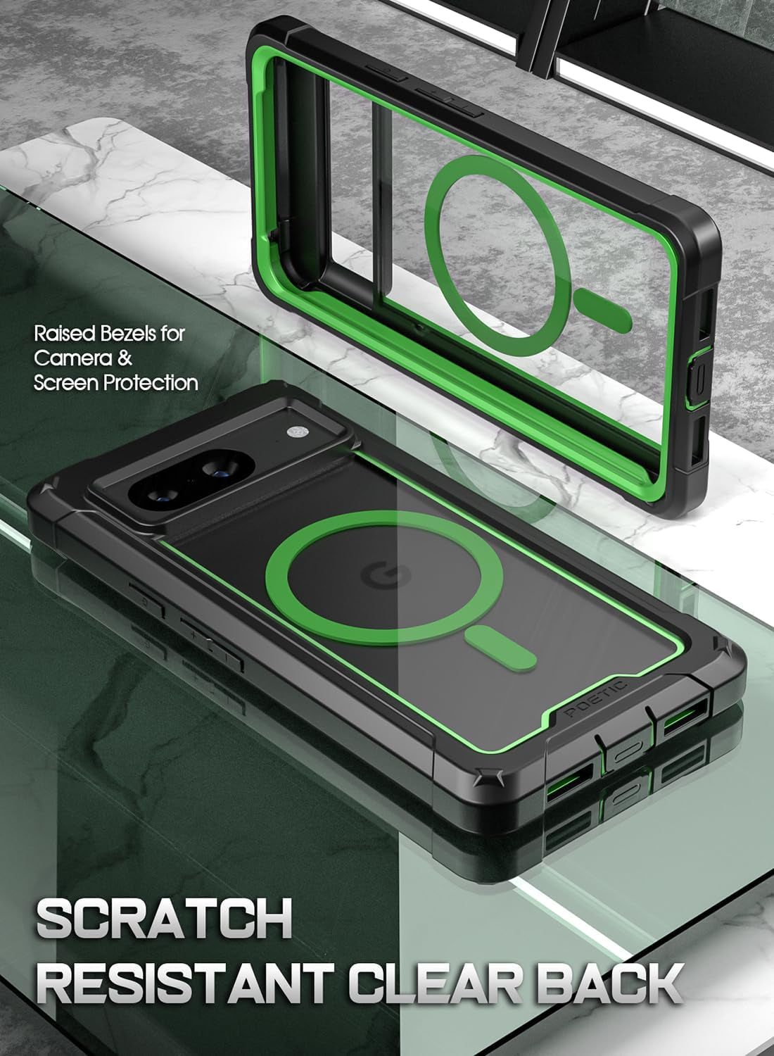 Poetic Guardian Magpro Case for Google Pixel 8 6.2 Inch, [Compatible with Magsafe] [20FT Mil-Grade Drop Tested], Full Body Hybrid Shockproof Bumper Cover with Built-In Screen Protector, Green/Clear  Poetic   