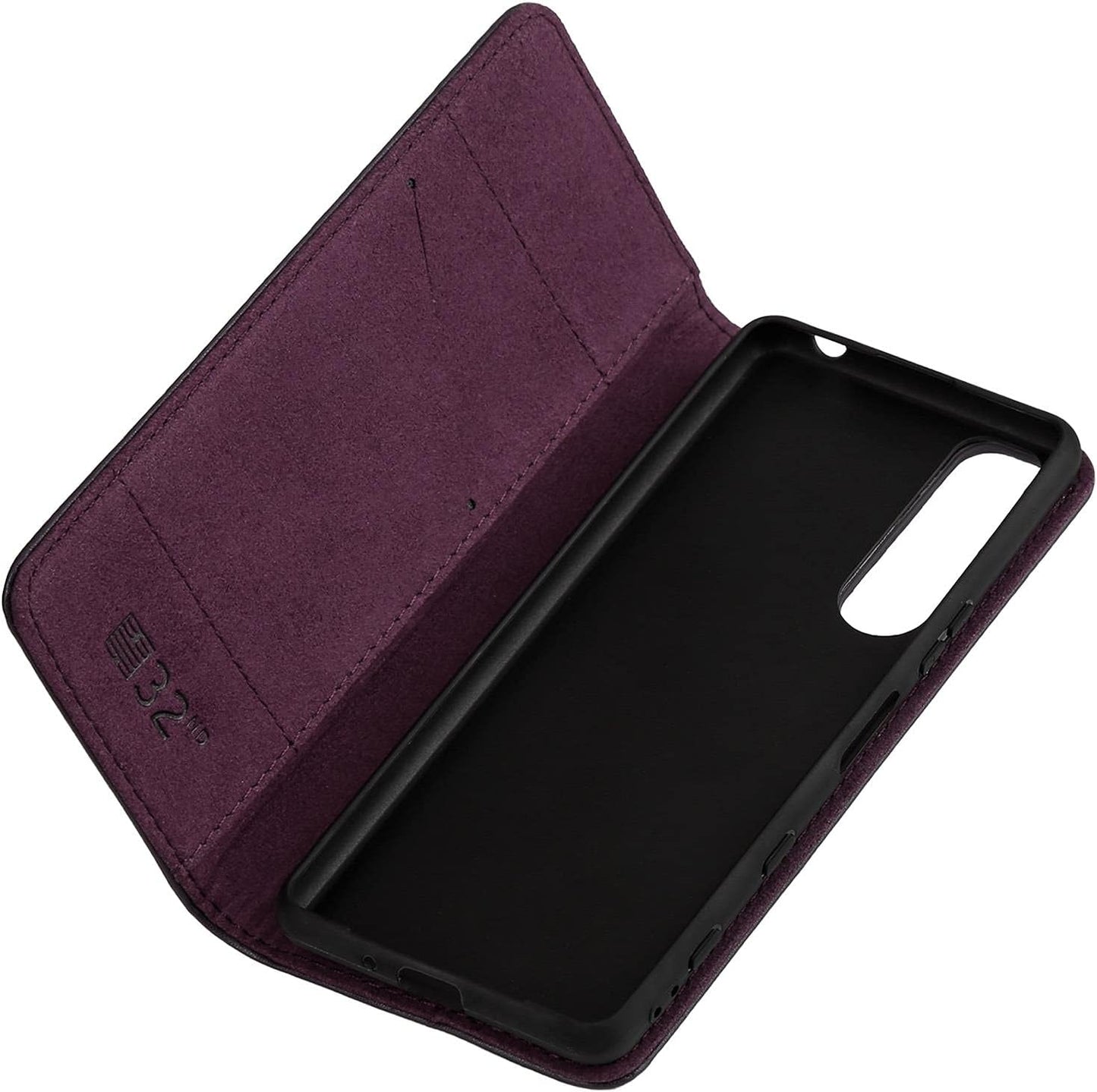 32Nd Classic Series 2.0 - Real Leather Book Wallet Case Cover for Sony Xperia 5 III (2021), Real Leather Design with Card Slot, Magnetic Closure and Built in Stand - Aubergine  32ndShop   