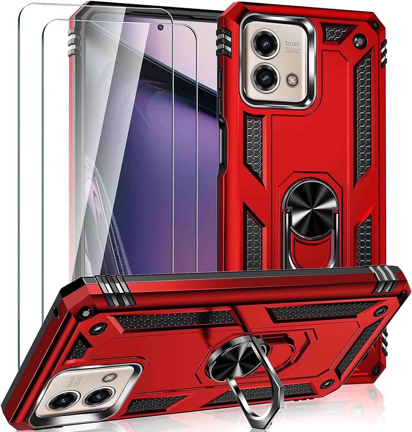 For Motorola Moto G Stylus 5G 2023 Case with 2 Pcs Tempered Glass Screen Protector, [Military-Grade] Rugged Heavy Duty Shockproof Phone Case Cover with Kickstand for Moto G Stylus 5G 2023, Black  Steuscey Red  