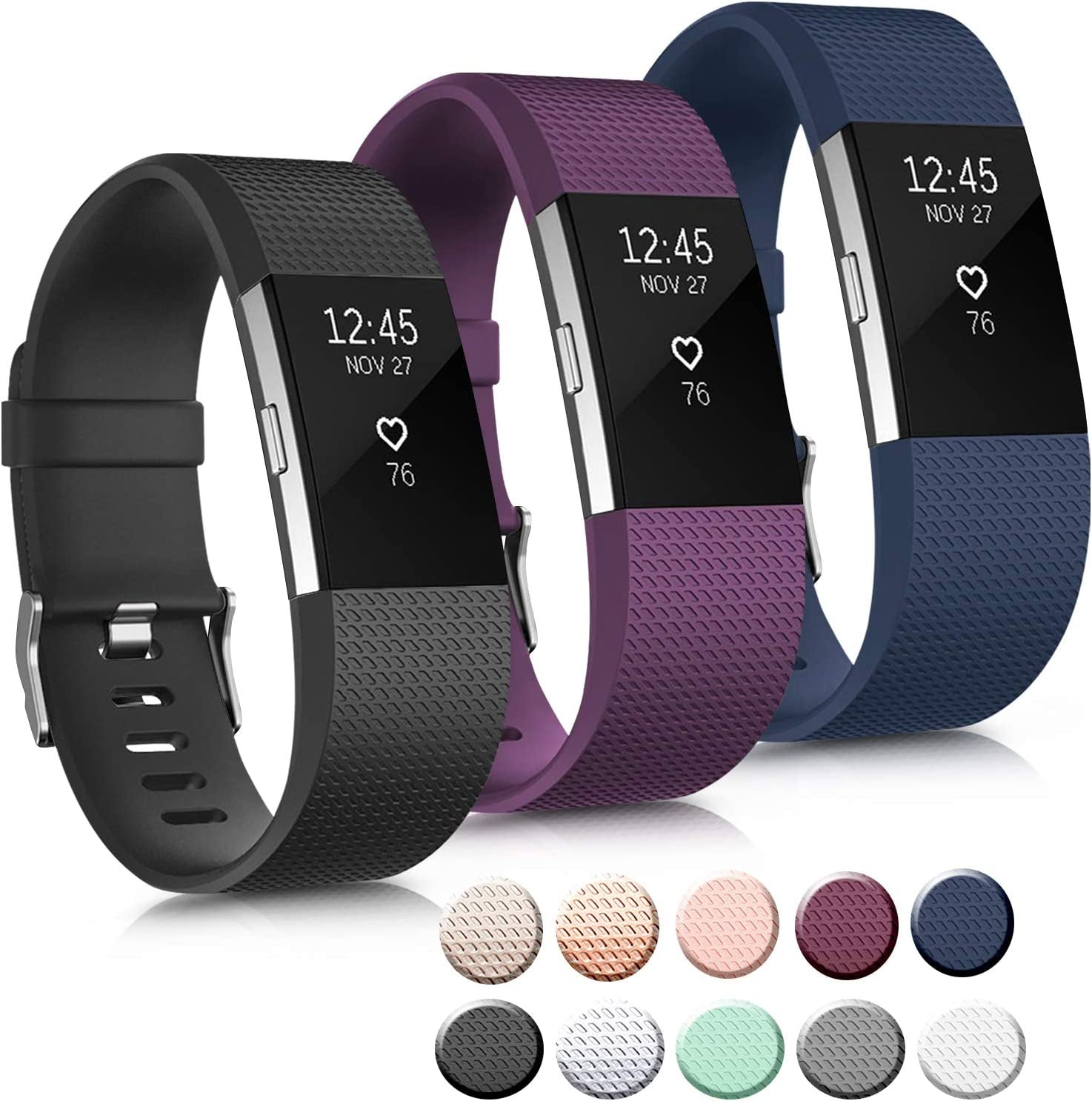 3 Pack Sport Bands Compatible with Fitbit Charge 2 Bands Women Men, Adjustable Replacement Strap Wristbands for Fitbit Charge 2 HR Small Large (Small, Black/Purple/Navy Blue)  Mugust   