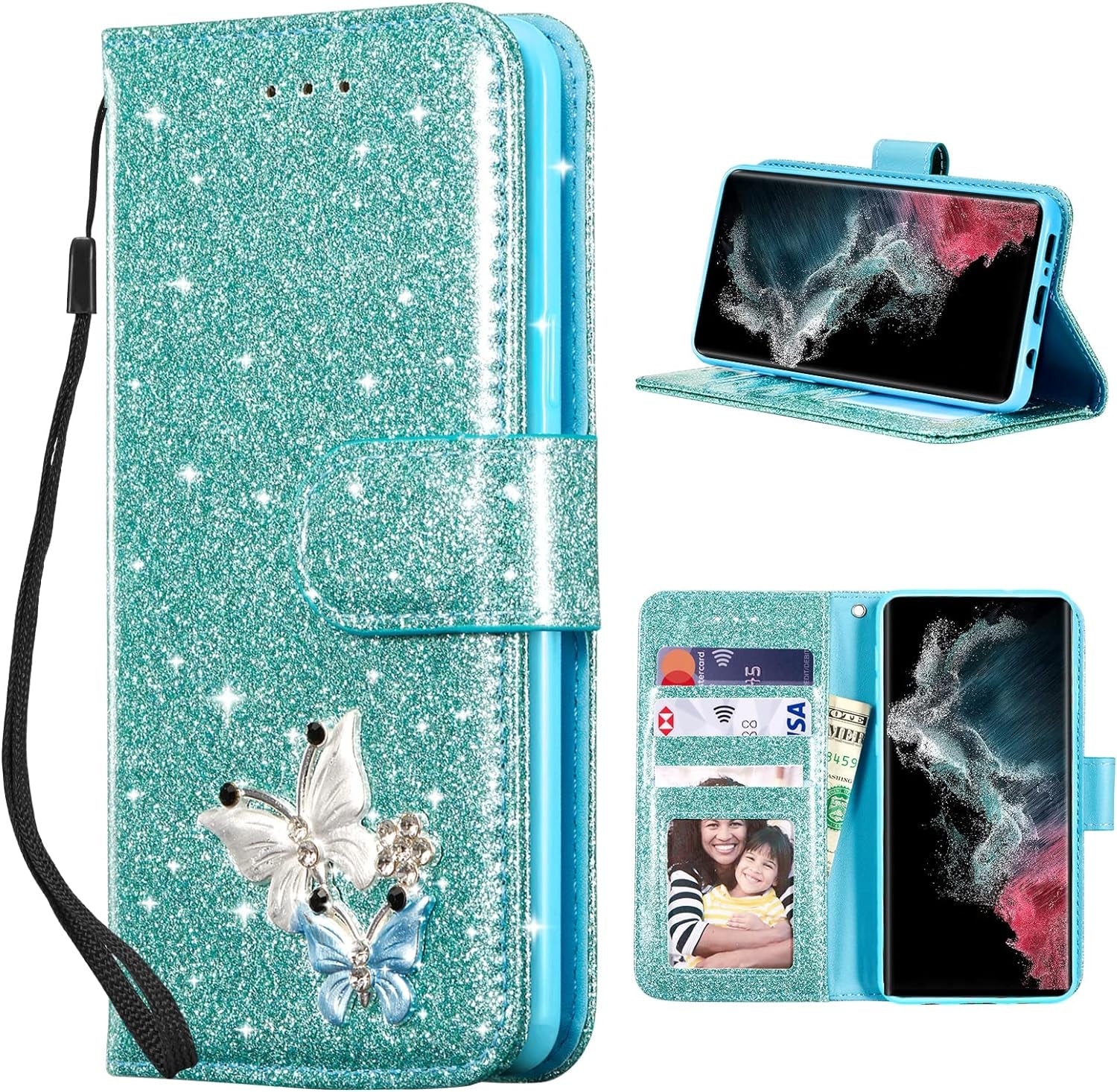 UEEBAI Wallet Case for Samsung Galaxy A53 5G, Premium Glitter PU Leather Phone Case Card Slots Kickstand Case Magnetic Closure Bling Handbag Case Shockproof Hand Strap Flip Cover - Glitter Purple  UEEBAI Mint Green Samsung Galaxy S21 Ultra 5G 