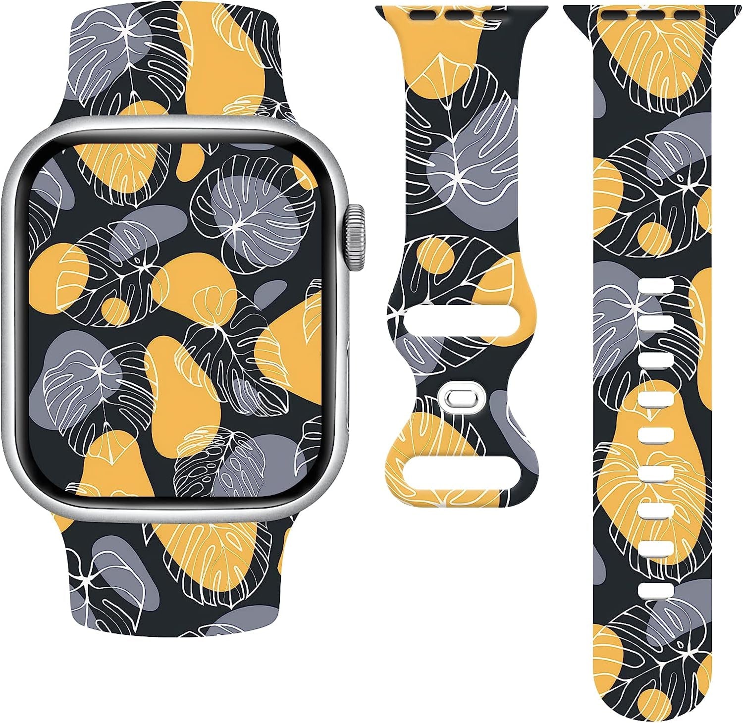 Summer Tropical Floral Watch Band Compatible with Apple Watch 38Mm 40Mm 41Mm 42Mm 44Mm 45Mm, Palm Tree Pattern Silicone Replacement Bands Wristbands Strap Compatible with All Iwatch Series  WANSENCE Tropical-3 38mm/40mm/41mm 