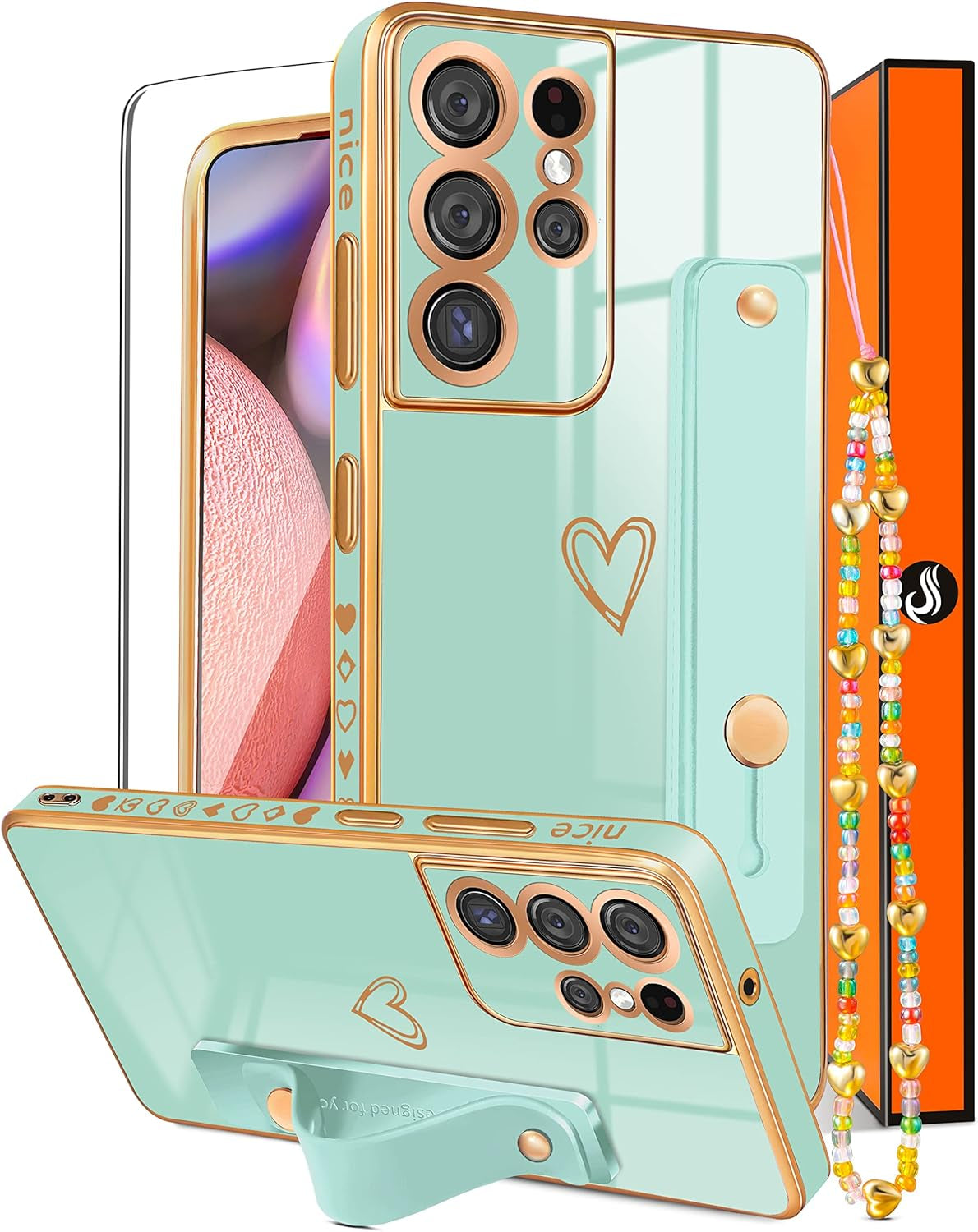Likiyami (3In1 for Samsung Galaxy S21 Ultra Case Heart Women Girls Cute Girly Aesthetic Trendy Luxury Pretty with Loop Phone Cases Purple Lavender Plating Love Hearts Cover+Screen+Chain -6.8 Inch  Likiyami Only For Samsung Galaxy S21 Ultra-Mint Green  