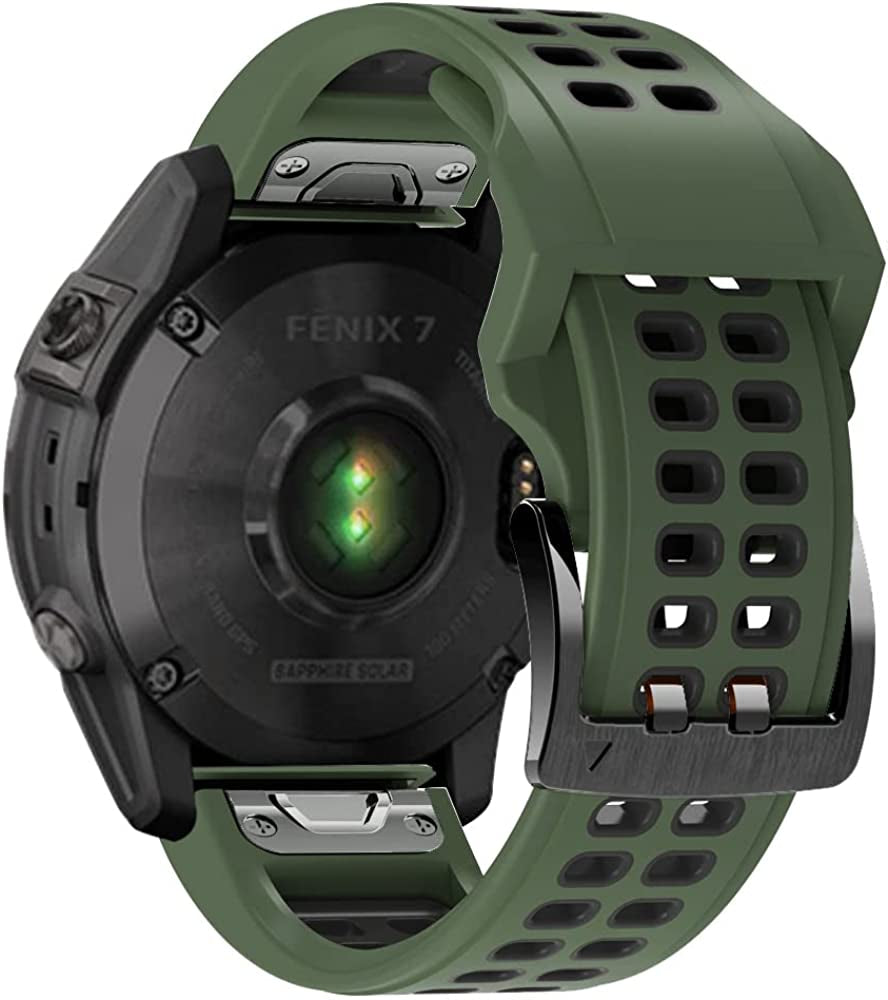 REYDA Silicone Band Compatible for Garmin Fenix 7/6/6 Pro/5/5 Plus, Soft Breathable Silicone Metal Bracelet Sport Wristband Replacement Band for Garmin Forerunner 935/945/955/965/Approach S60/S62  REYDA Army Green/Black  