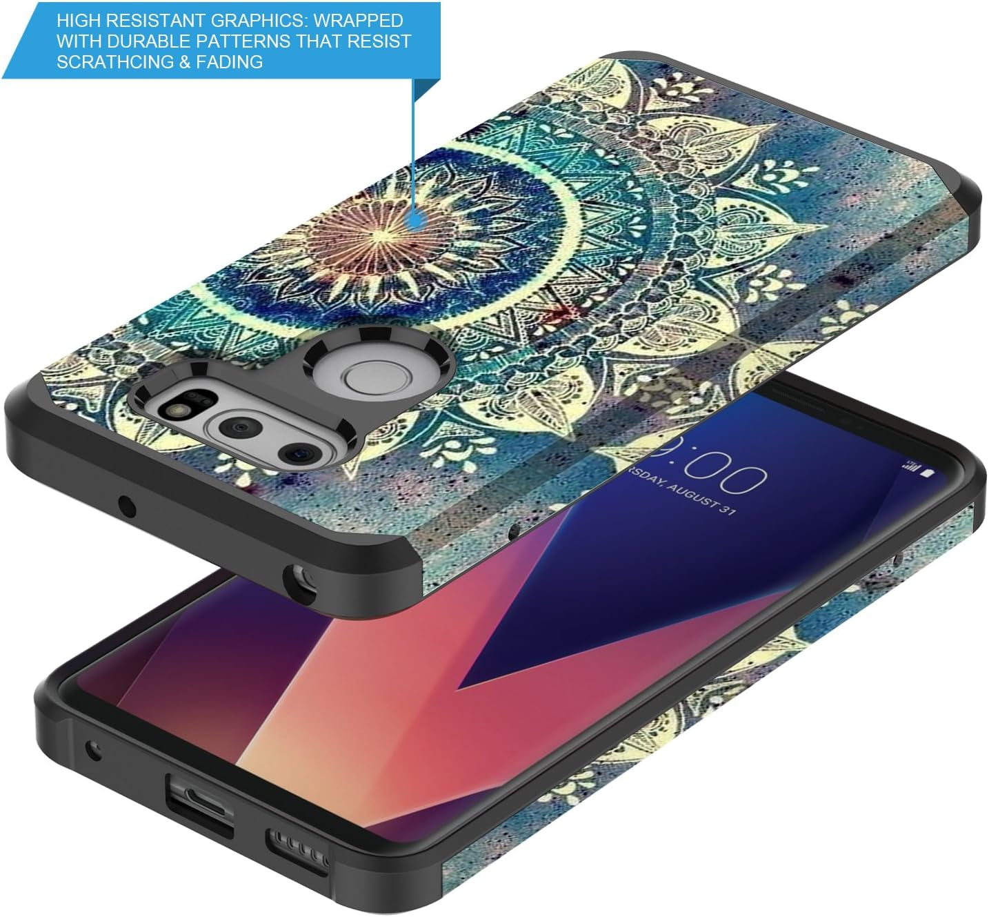 Rosebono for LG V30 Case, LG V30 plus Case, Hybrid Dual Layer Shockproof Hard Cover Graphic Fashion Cute Colorful Silicone Skin for LG V30 / LG V30Plus (Green Mandala)  Rosebono   