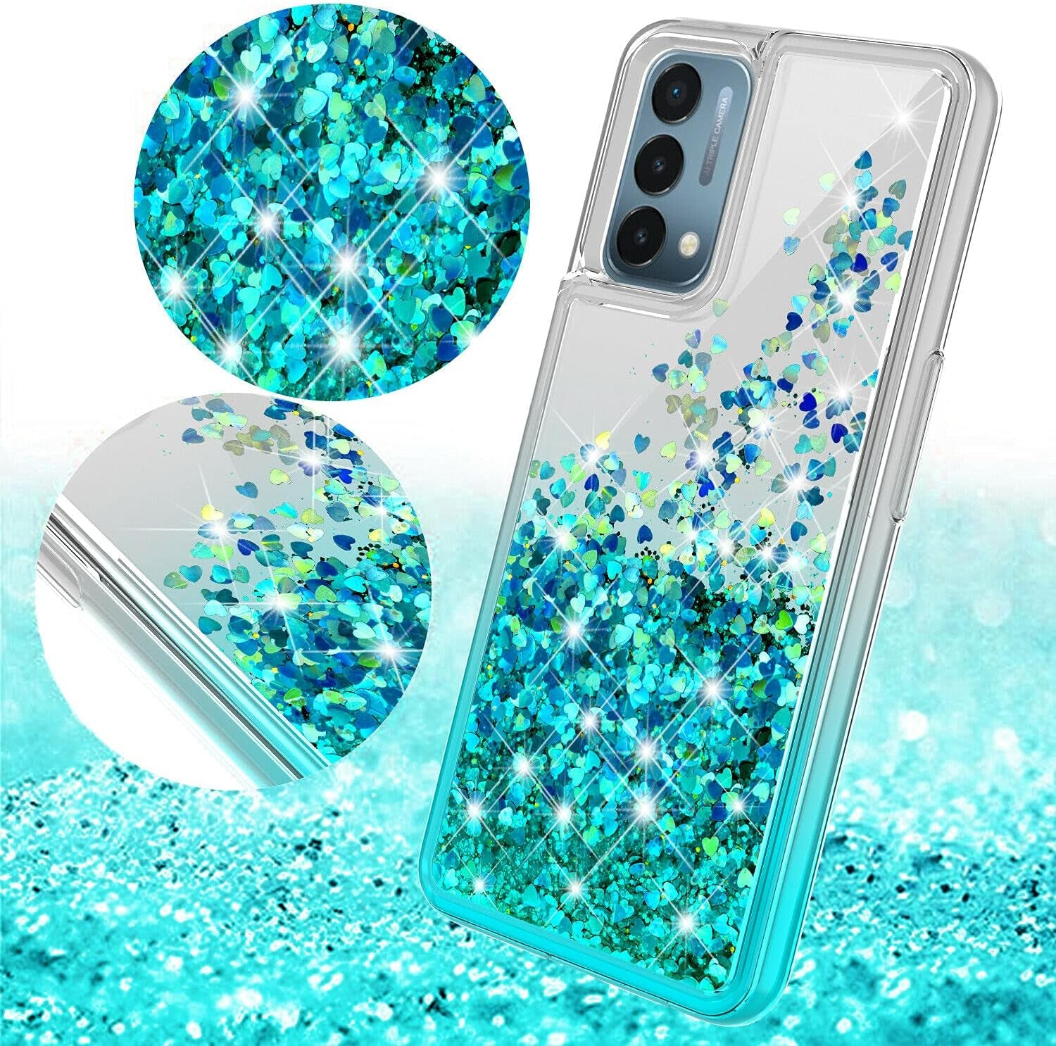 Case for Oneplus Nord N200 5G with Tempered Glass Screen Protector Sparkle Glitter Flowing Liquid Quicksand for Women Girls Cute Phone Case Cover - Aqua/Clear  Galaxy Wireless   