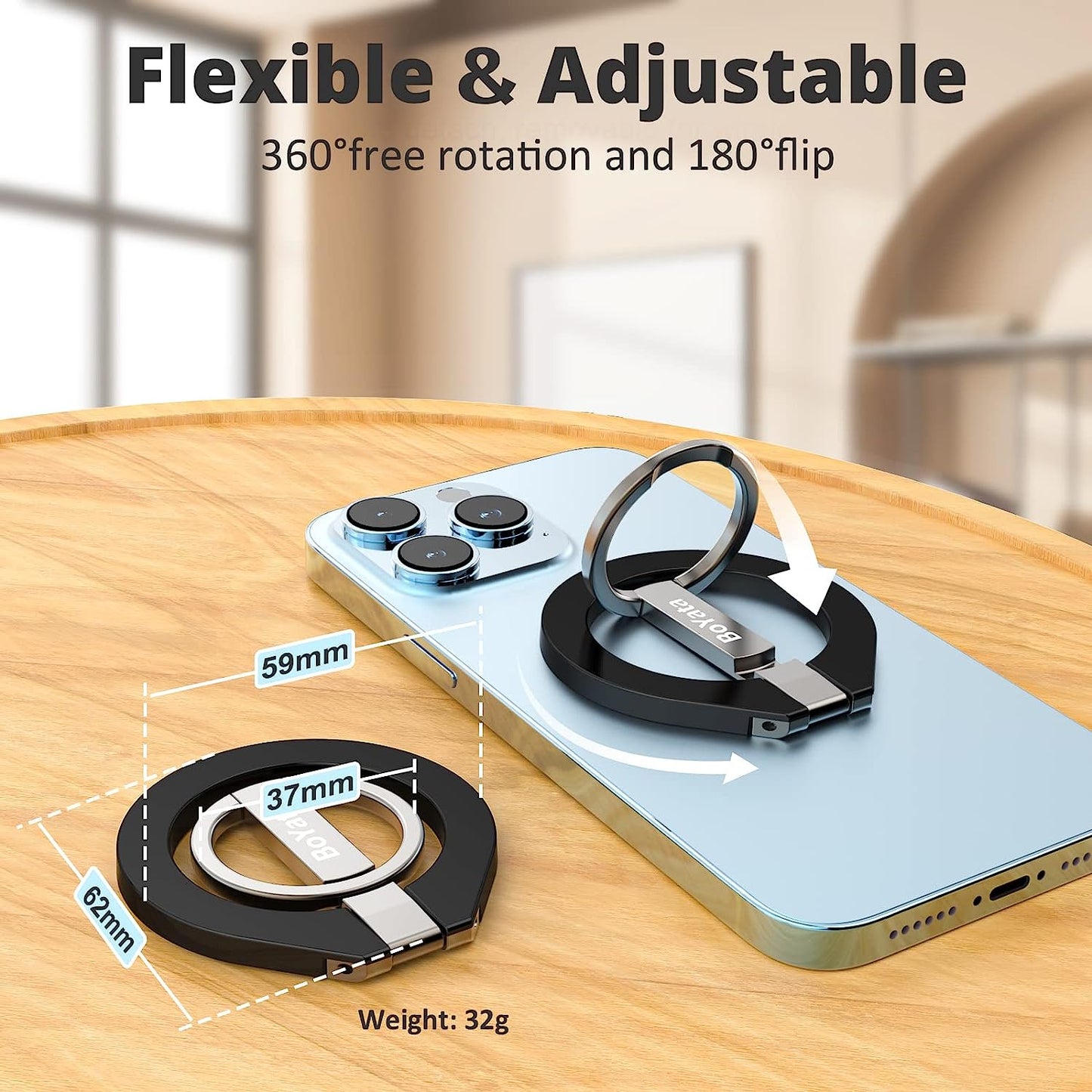 Boyata Magnetic Phone Ring Holder, 360° Rotating Phone Grip for Magsafe, Adjustable & Detachable Finger Ring Stand Compatible for Iphone 12/13/14, Iphone Series & Android Devices Use with Iron Ring  BoYata   
