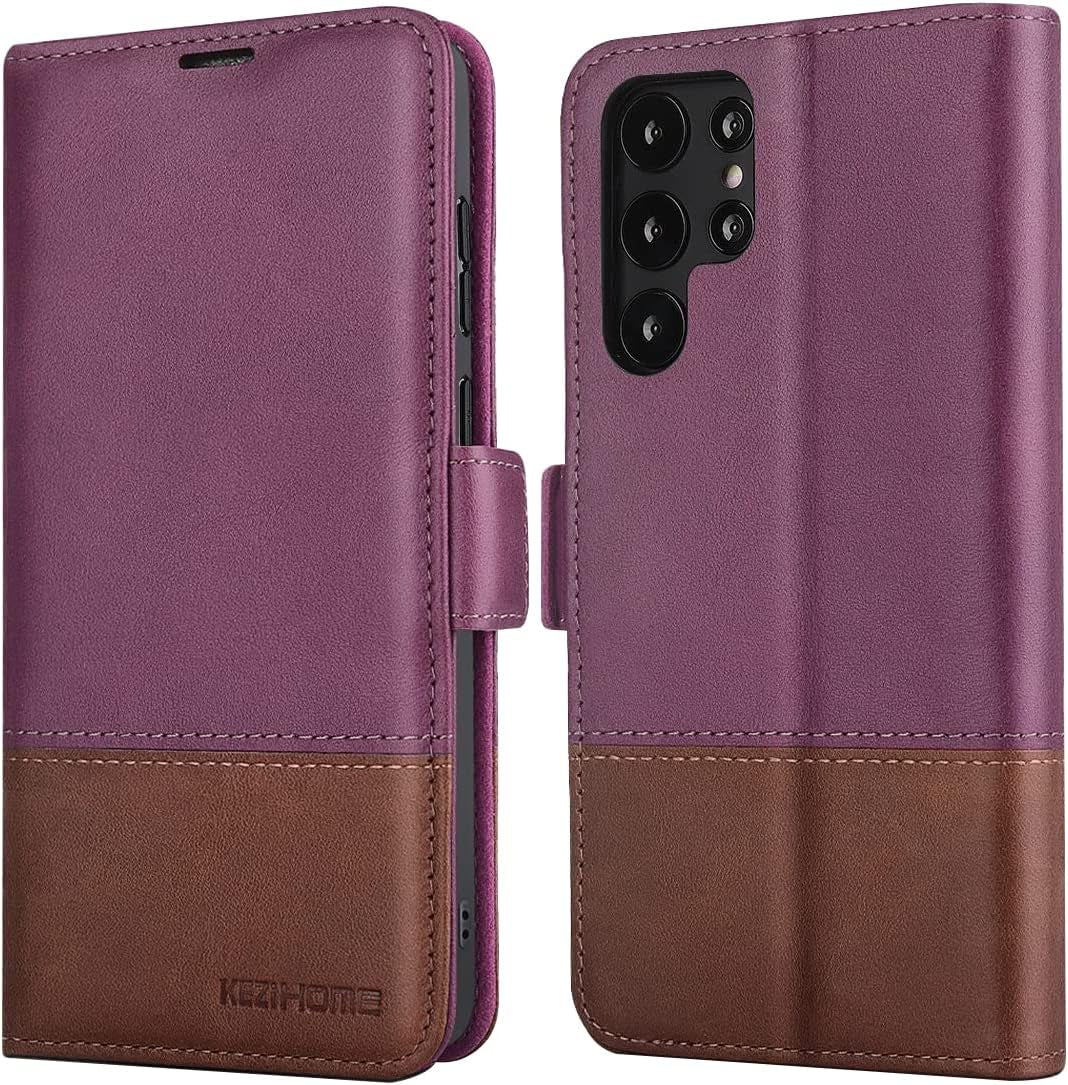 Kezihome Galaxy S22 Ultra Case, Genuine Leather [RFID Blocking] Samsung S22 Ultra 5G Wallet Case Card Slot Flip Magnetic Stand Phone Cover Compatible with Samsung Galaxy S22 Ultra (2022) (Gray/Brown)  Shenzhen Jiemeisi Tchnology Co.,LTD Purple/Brown  