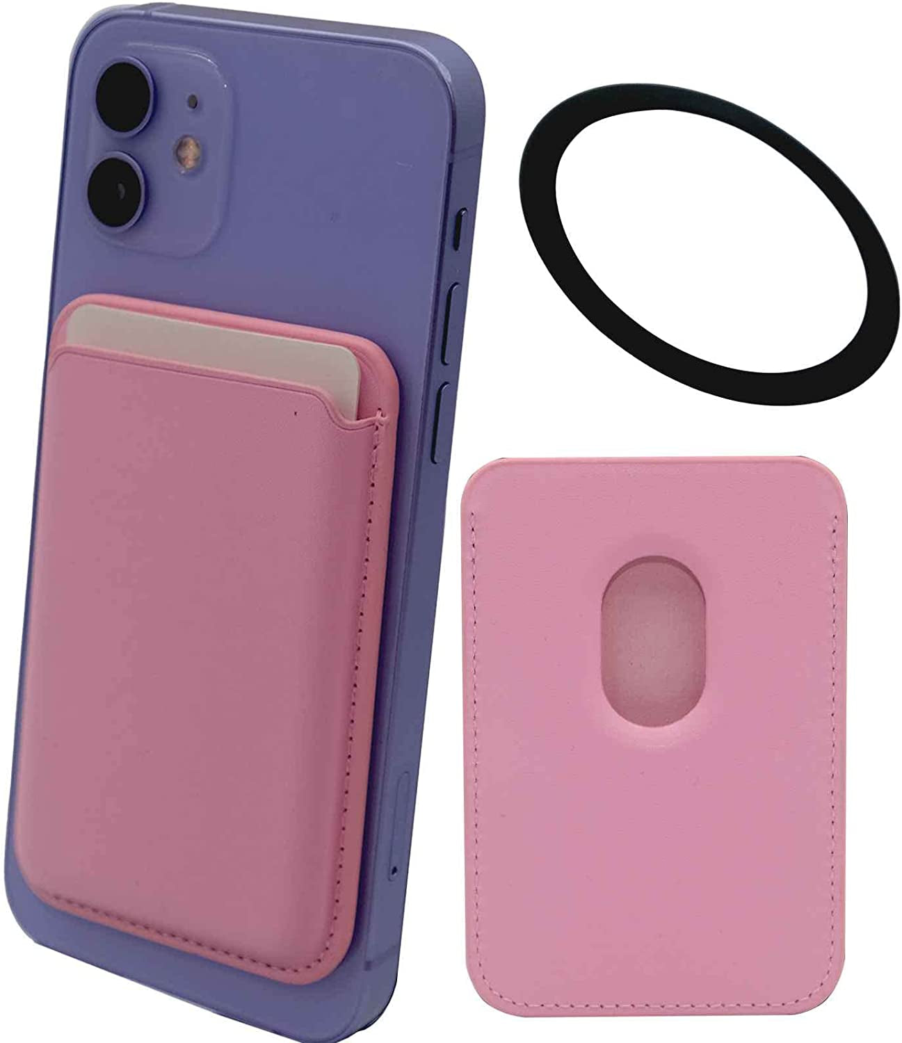 Meroqeel Magnetic Card Wallet Holder with Ring for Magsafe Iphone 14/13 / 12 Mini plus and Pro Max Series, Leather Mag Safe Cell Phone Case with Strong Magnet for Credit Card - Midnight Black  Meroqeel Pink  