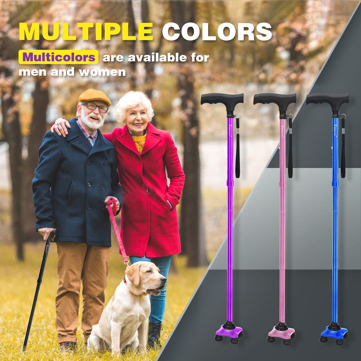 FANECO Walking Cane, Folding Walking Stick for Seniors, Pivoting Quad Base, Lightweight Adjustable Walking Stick for Men/Women  NINGBOSHI GUOSHENG XINXI KEJI YOUXIANGONGSI   
