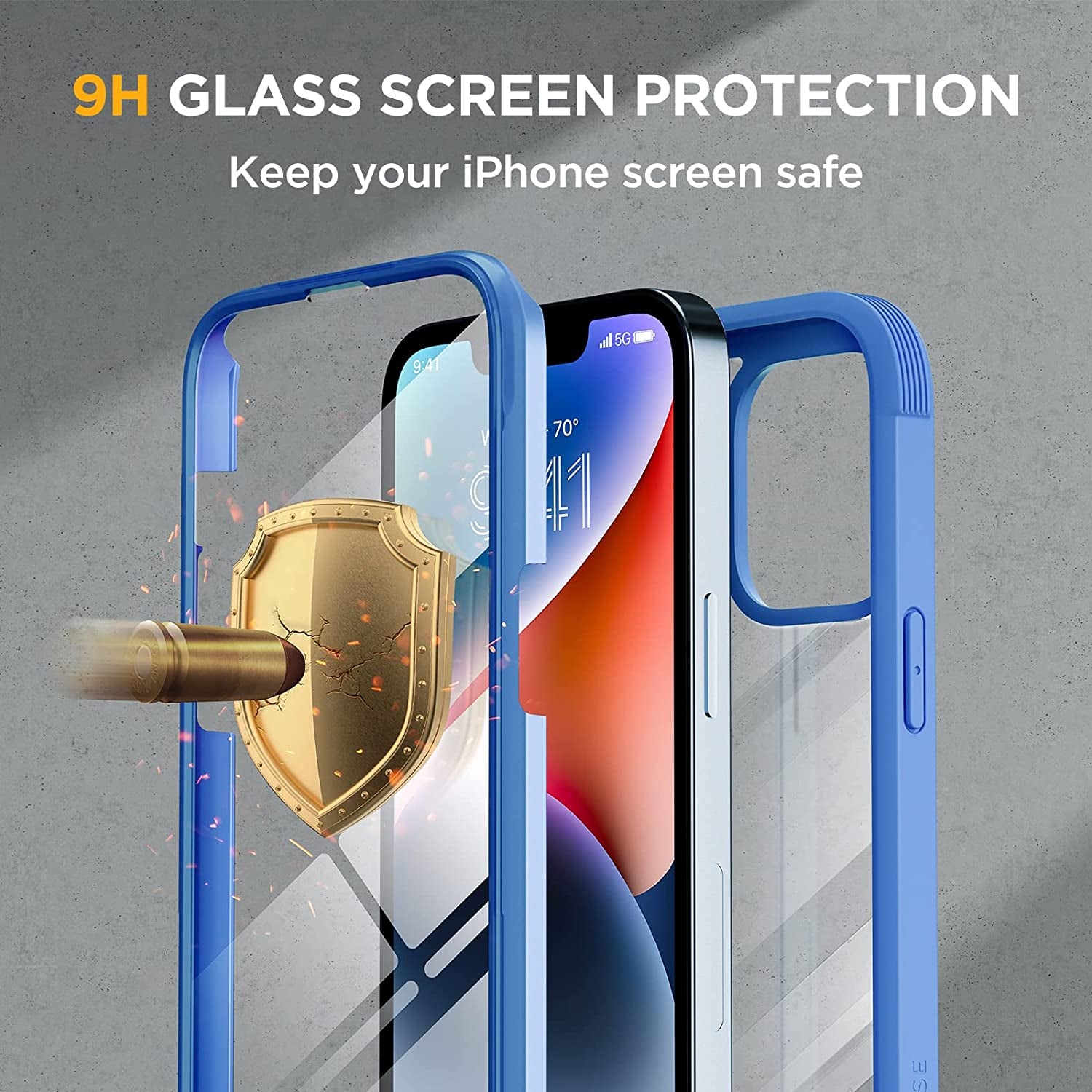 Miracase Glass Series Designed for Iphone 14 Case 6.1 Inch, 2023 Upgrade Full-Body Clear Bumper Case with Built-In 9H Tempered Glass Screen Protector and Camera Lens Protector,Blue  Miracase   