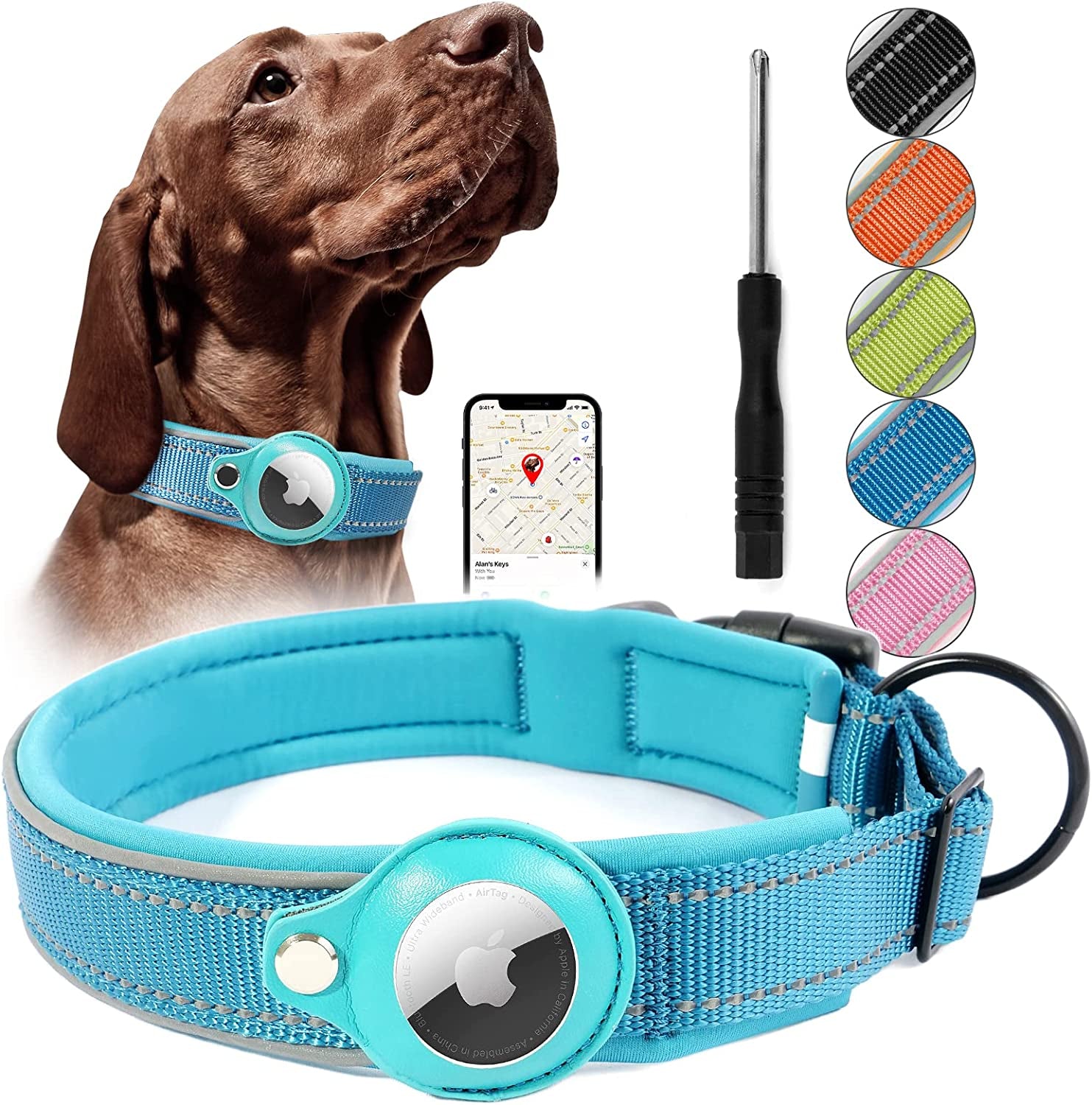 Reflective Airtag Dog Collar, Heavy Duty Apple Air Tag Dog Collar, Padded Pet Collar with 2022 Updated Airtag Dog Collar Holder Case, Adjustable for Small Medium Large Breeds  Taporse Blue Large 16.5“-20” 