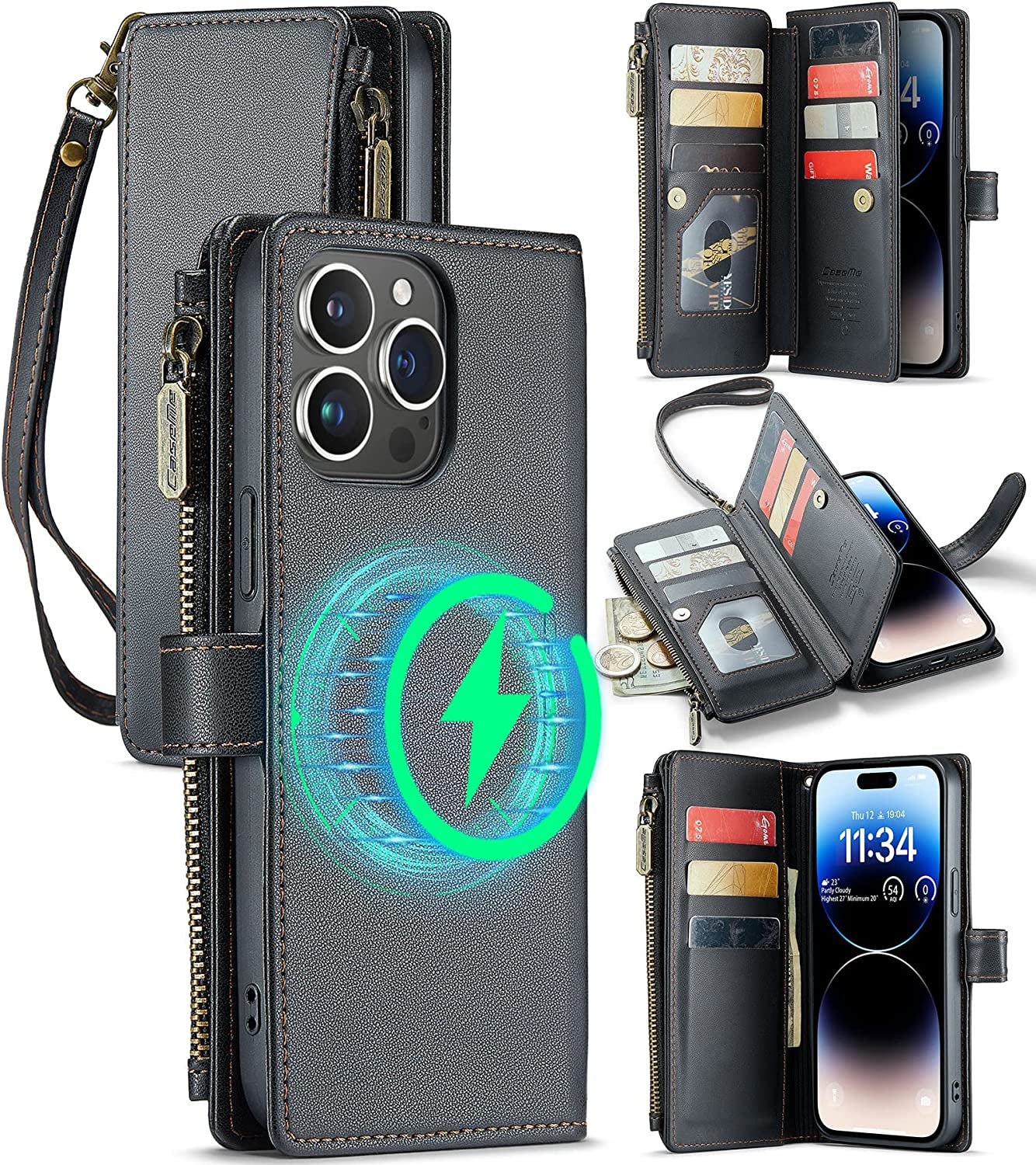 FLIPALM Wallet Case for Iphone 14 Pro(6.1") Flip Case,Compatible with Magsafe Charger,Pu Leather Zipper Protective Lanyard Strap Wristlet Case with Magnetic Closure and Card Holder Luxury Coffee  FLIPALM Black iPhone 14 Pro Max 