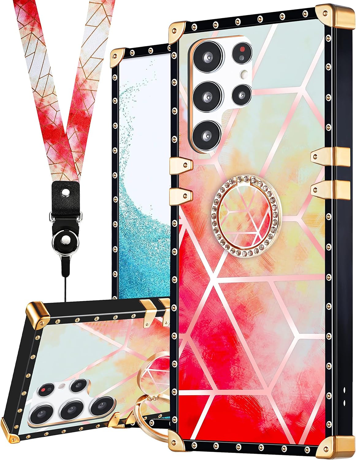 Loheckle for Samsung Galaxy S22 Ultra Case for Women Girls with Ring Stand Holder and Lanyard, Marble Camo Retro Luxury Glamour Cute Square Edges Phone Cover for S22 Ultra  JianKeJi 7-Marbleblush-S22-Ultra  