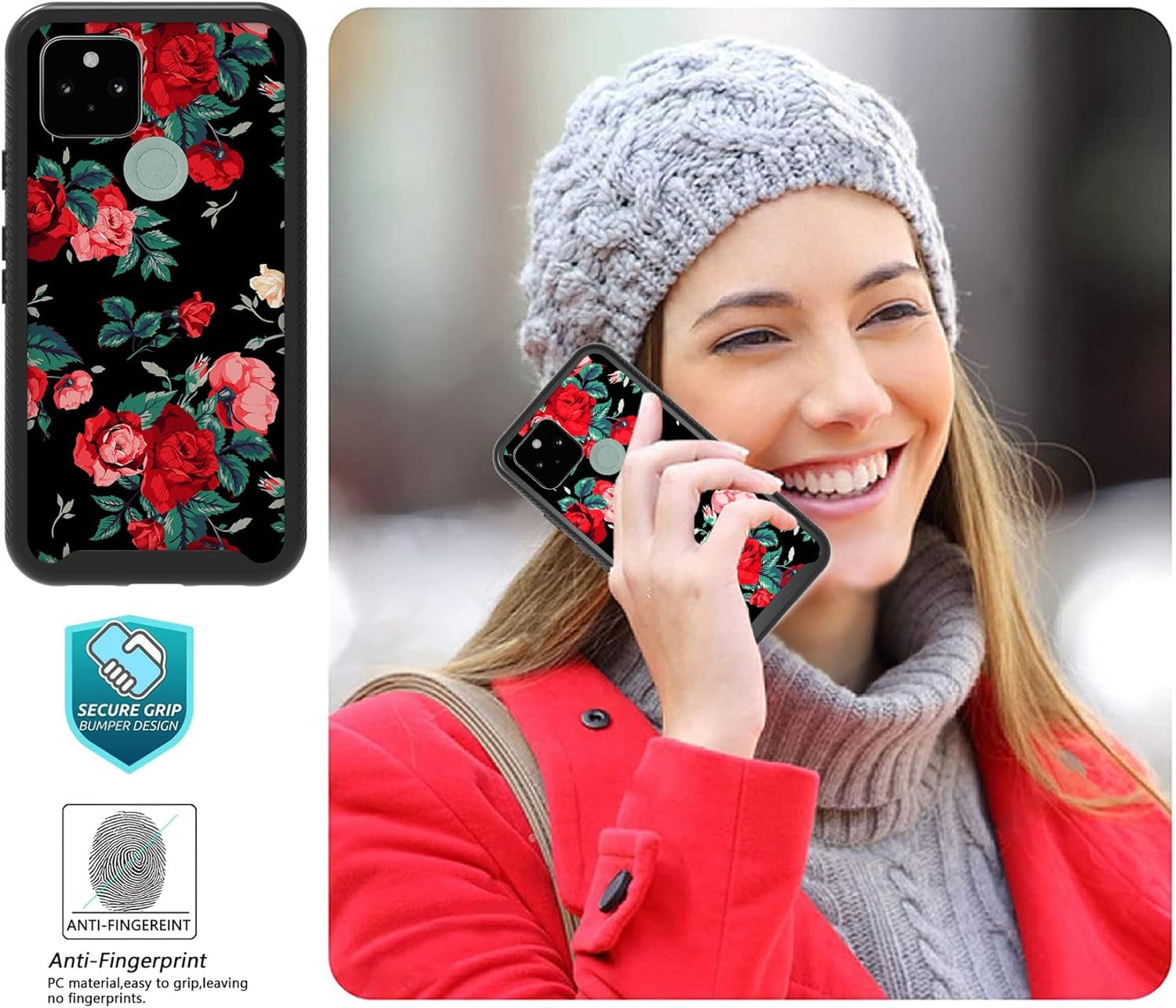 MGAH Pixel 5 Case with Roses Design,Google Pixel 5 Phone Case,Hybrid Triple Layer Armored Protective Cover Flexible Sturdy Anti-Scratch Shockproof Bumper Cute Case for Women and Girls-Flowers/Black  MGAH   