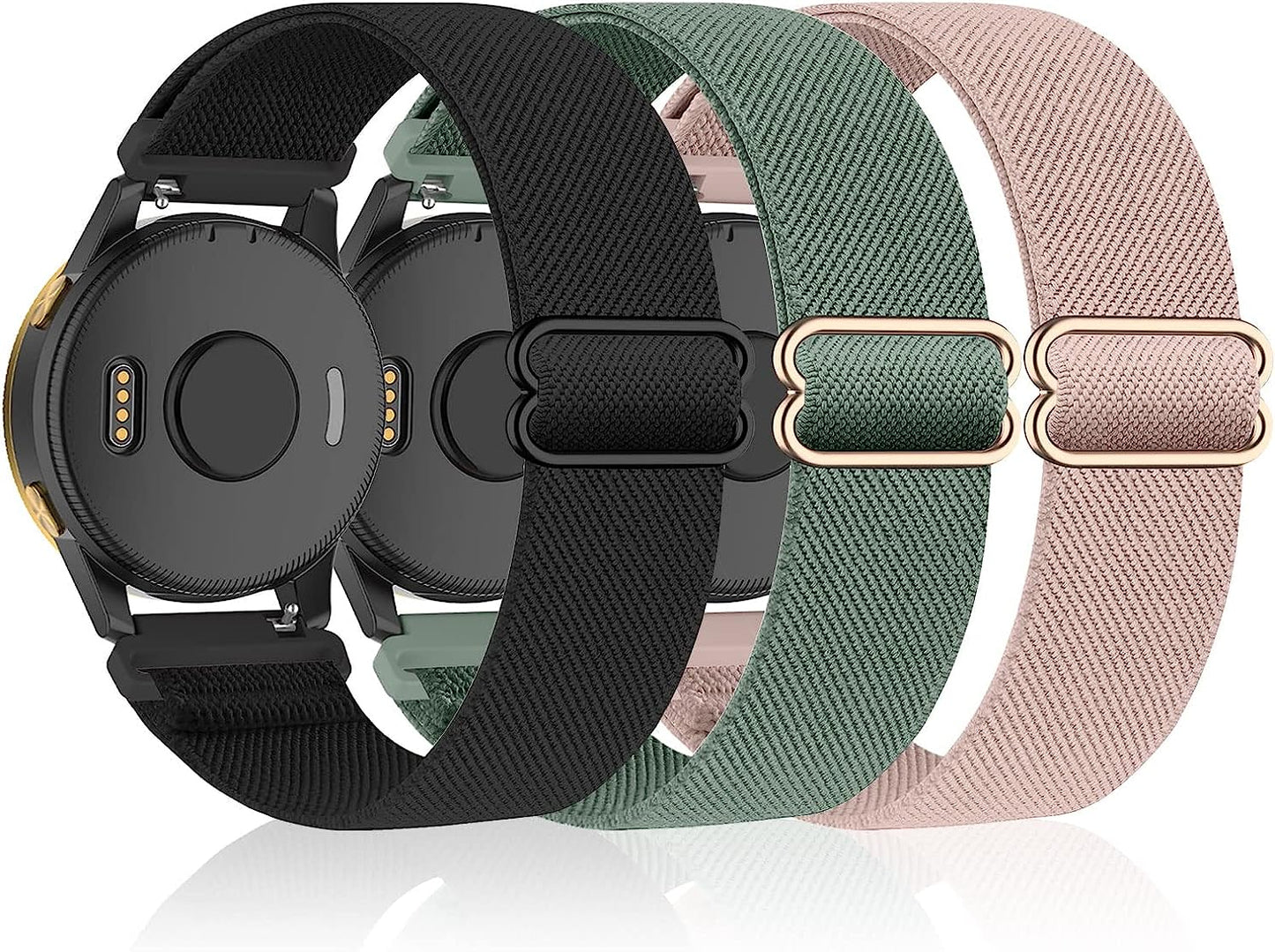 3 Pack Stretchy Nylon Watch Bands Compatible with Garmin Vivoactive 4,Venu 2,Forerunner 255/255 Music,22Mm Loop Elastic Straps for Amazfit GTR 4,GTR 3,GTR 2,Ticwatch Pro 3,Fossil Gen 5 for Women Men.  Bolesi black/rose pink/cactus  