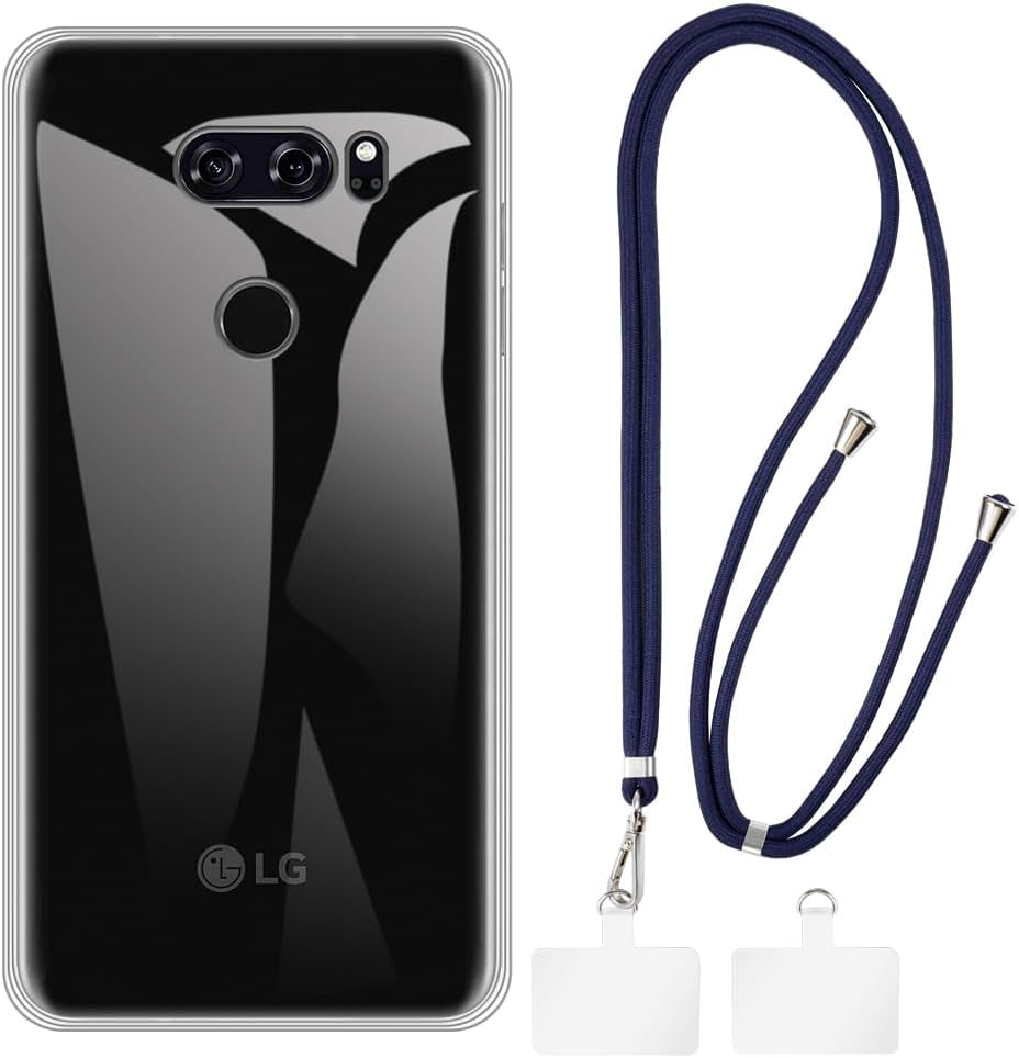 Shantime LG V30 Case + Universal Mobile Phone Lanyards, Neck/Crossbody Soft Strap Silicone TPU Cover Bumper Shell for LG V30+ (6”)  Shantime Transparent Case + Blue Lanyard  